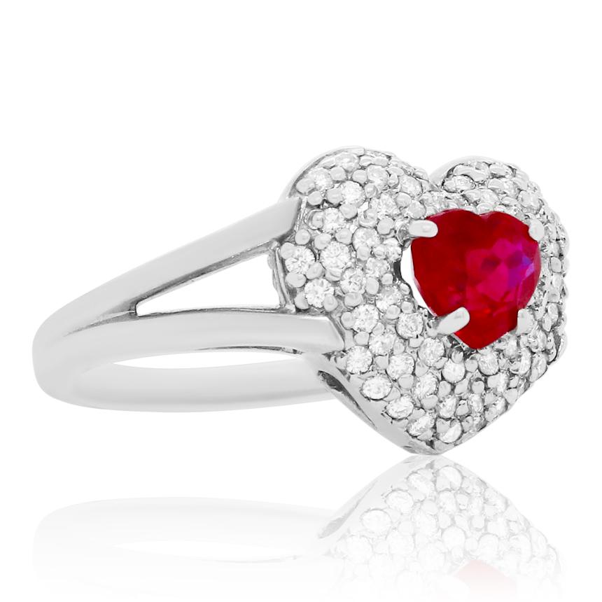 Material: 18K White Gold
Gemstone Details: 1 Heart Shaped Ruby at 1.08 Carats - Measuring 6.2 x 5.5 mm
Diamond Details: 62 Brilliant Round White Diamonds at 0.43 Carats. SI Clarity / H-I Color. 
Ring Size: 6.5. Alberto offers complimentary sizing on