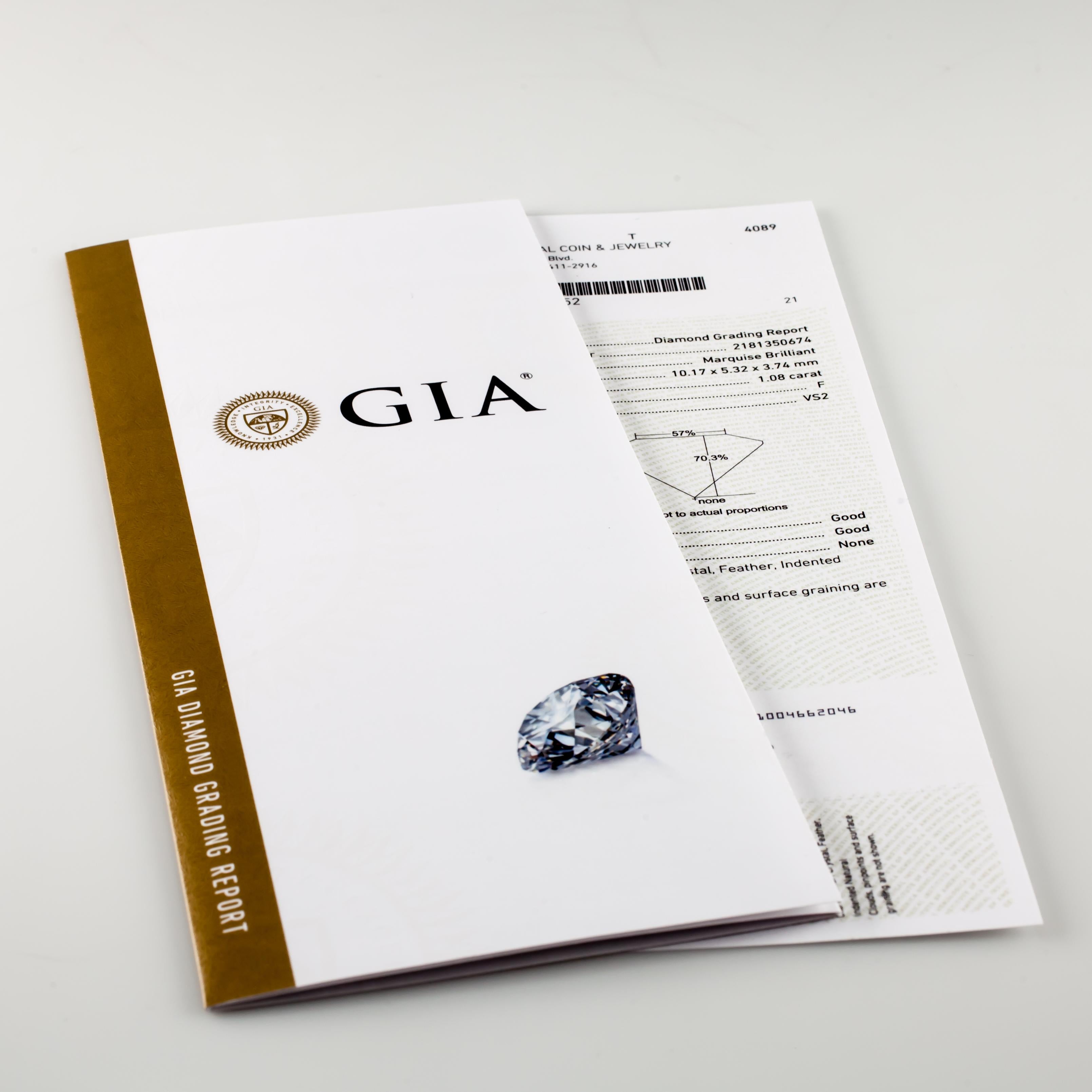 Diamant taille brillant marquise non serti de 1,08 carat F / VS2 certifié GIA en vente 3