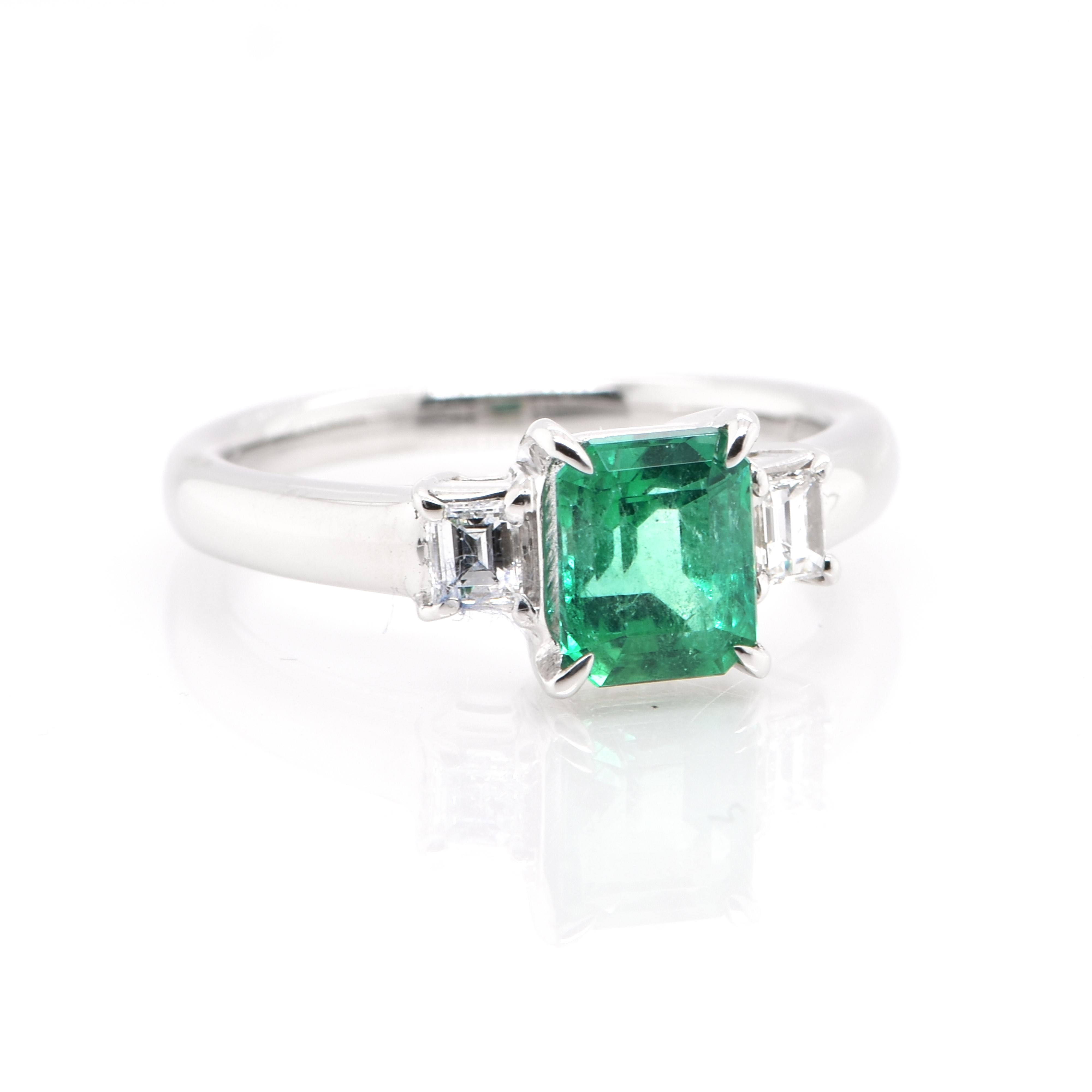 Modern 1.08 Carat Natural Colombian Emerald Three Stone Ring Set in Platinum