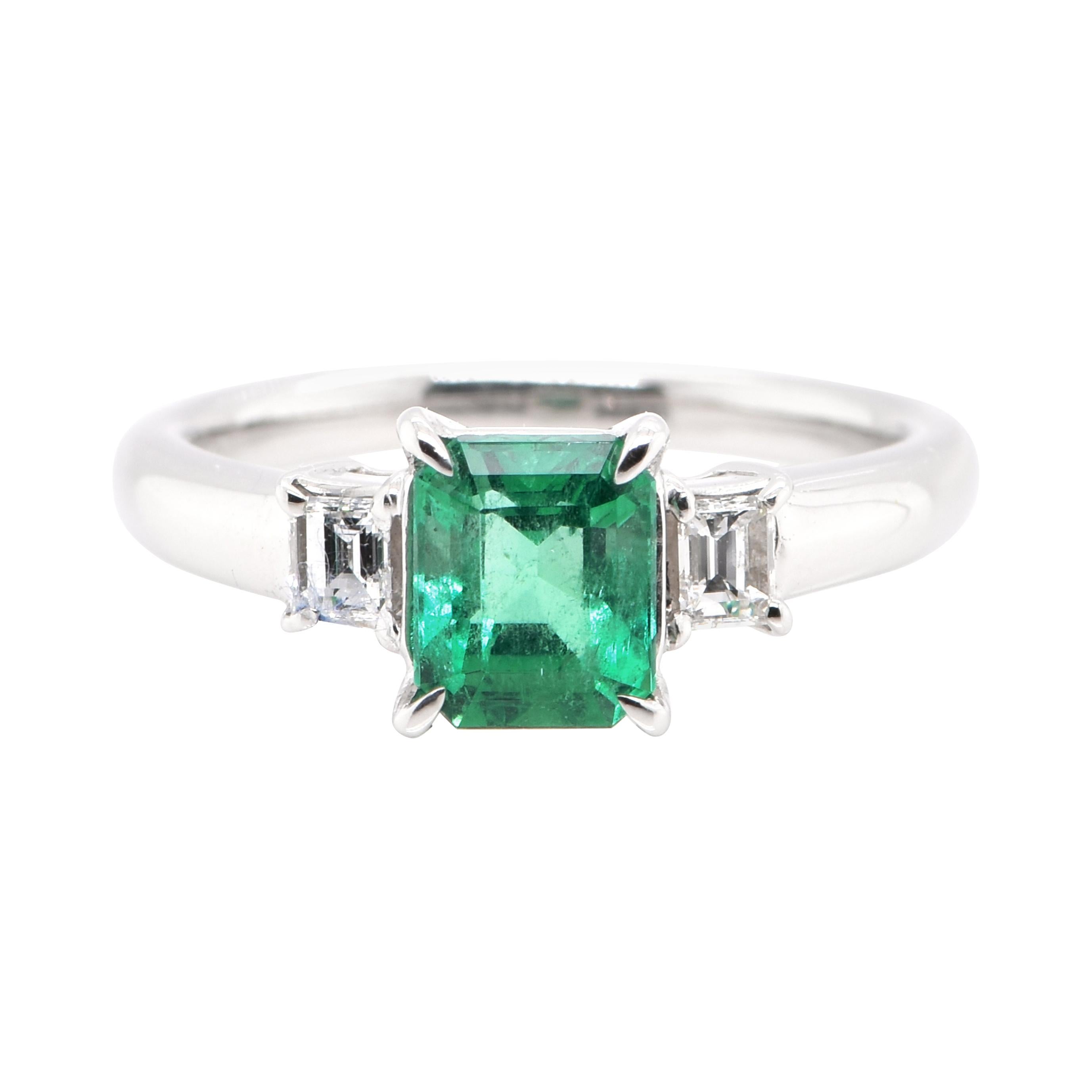 1.08 Carat Natural Colombian Emerald Three Stone Ring Set in Platinum