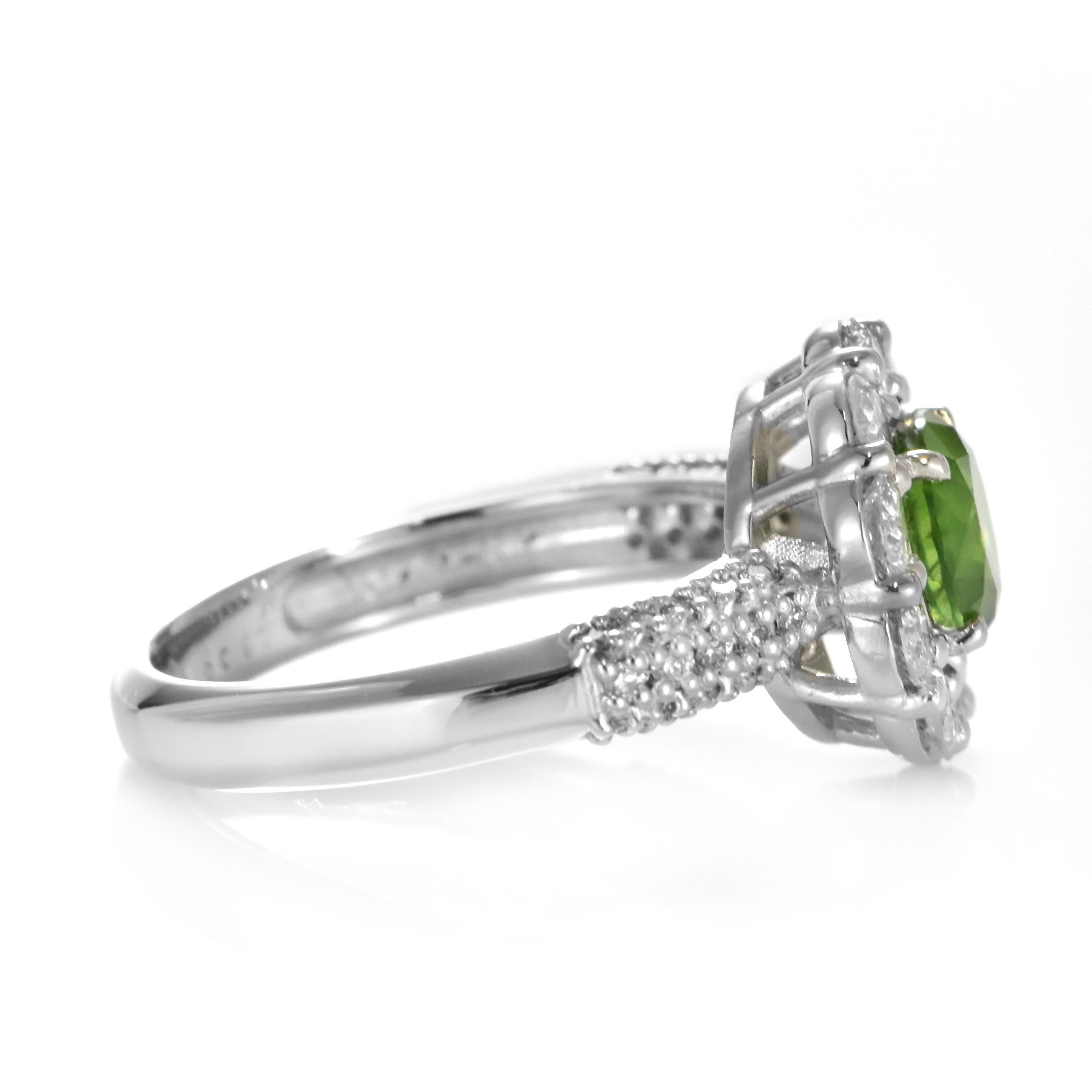 1.08 Carat Natural Demantoid Garnet and Diamond Halo Set Ring Made in Platinum For Sale 4