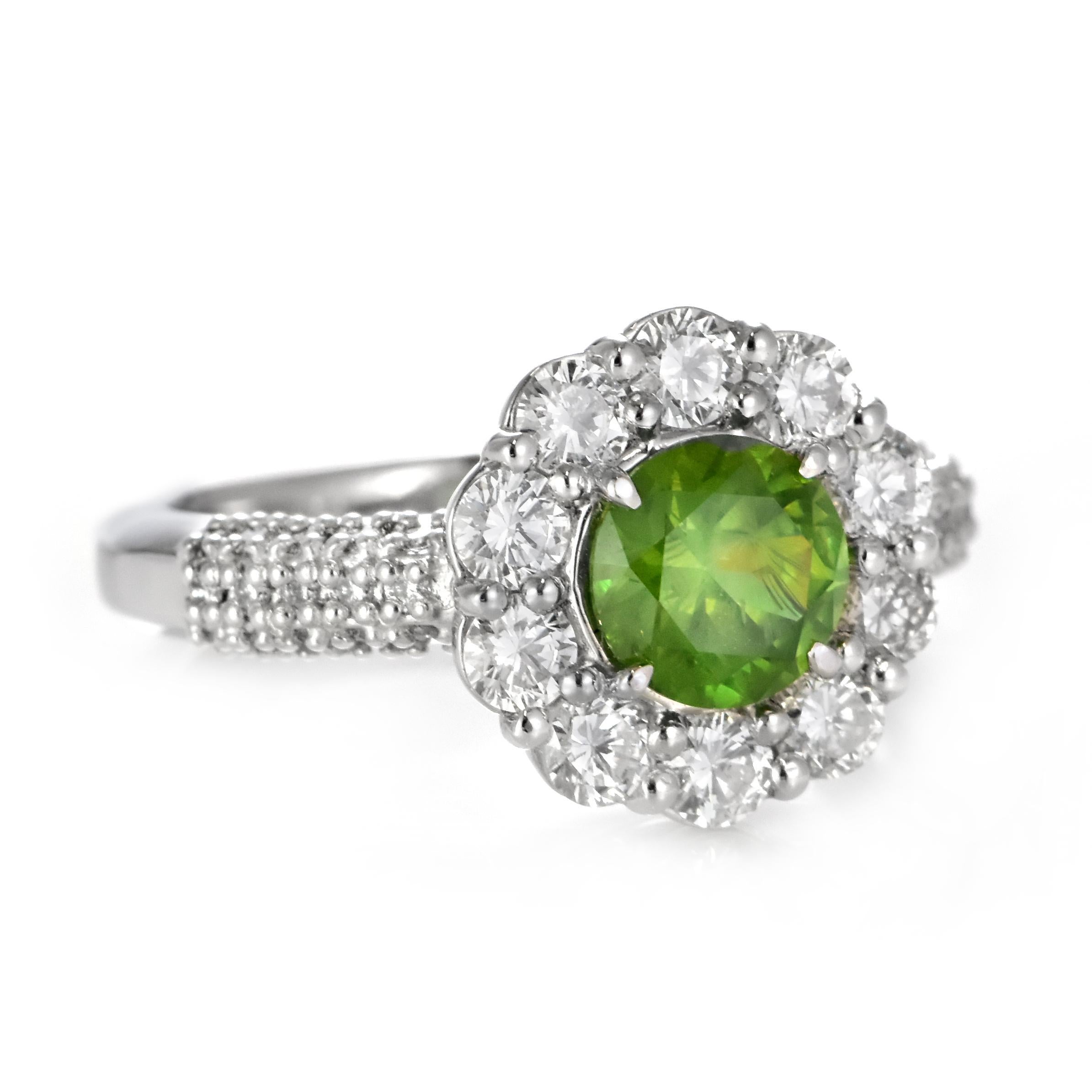 1.08 Carat Natural Demantoid Garnet and Diamond Halo Set Ring Made in Platinum For Sale 5