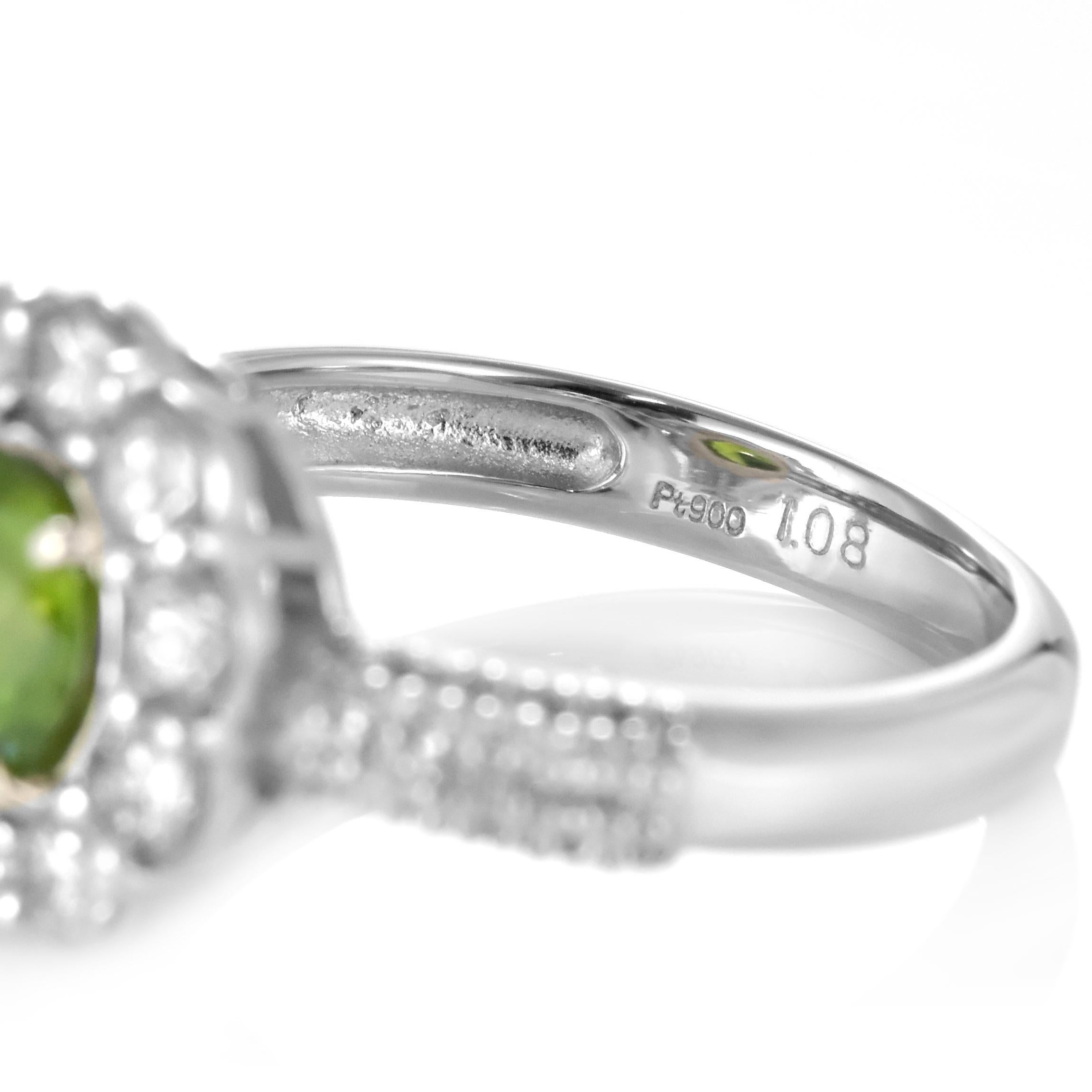 1.08 Carat Natural Demantoid Garnet and Diamond Halo Set Ring Made in Platinum For Sale 6