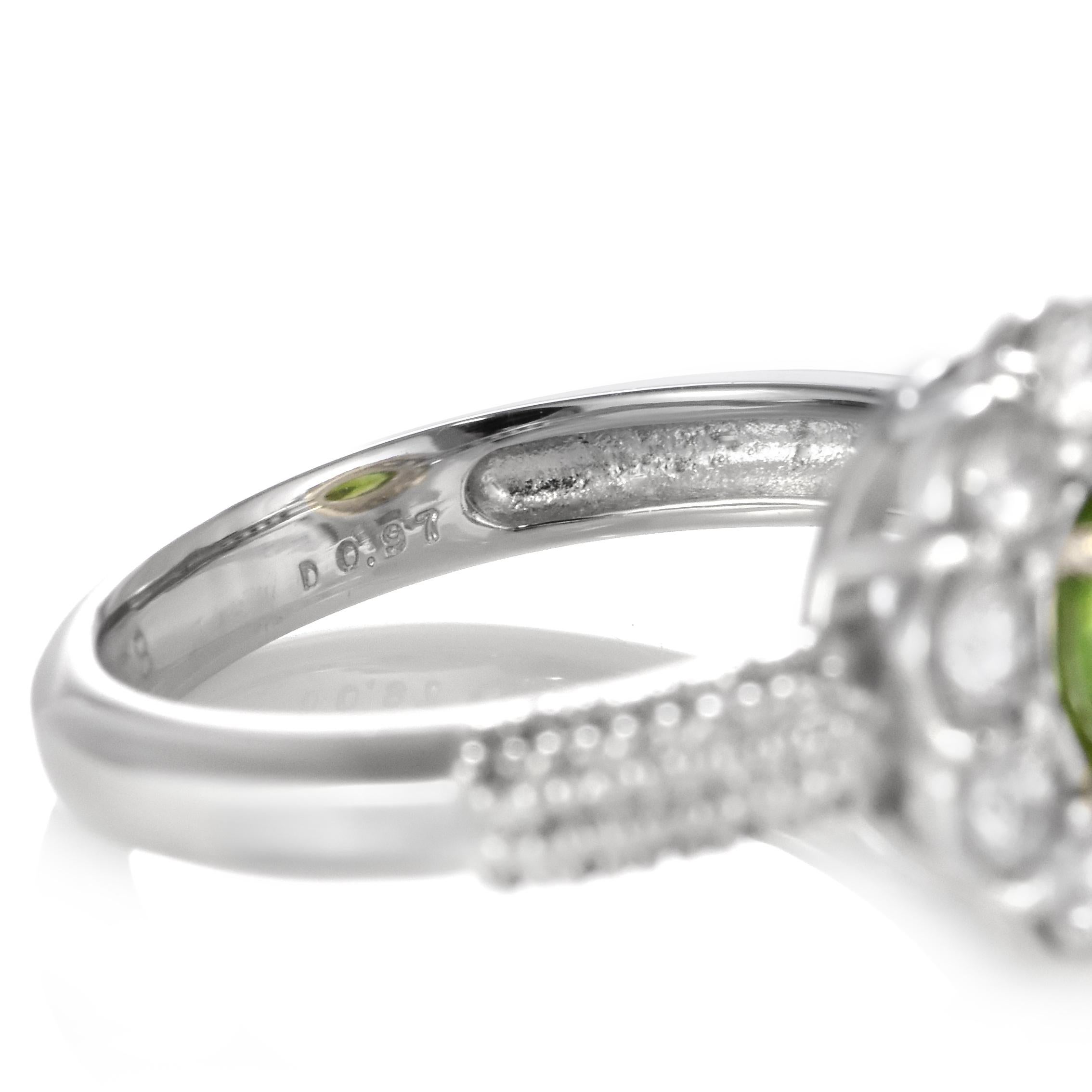 1.08 Carat Natural Demantoid Garnet and Diamond Halo Set Ring Made in Platinum For Sale 7