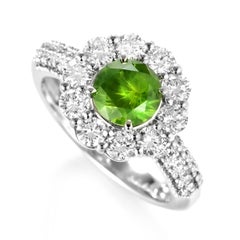 1.08 Carat Natural Demantoid Garnet and Diamond Halo Set Ring Made in Platinum