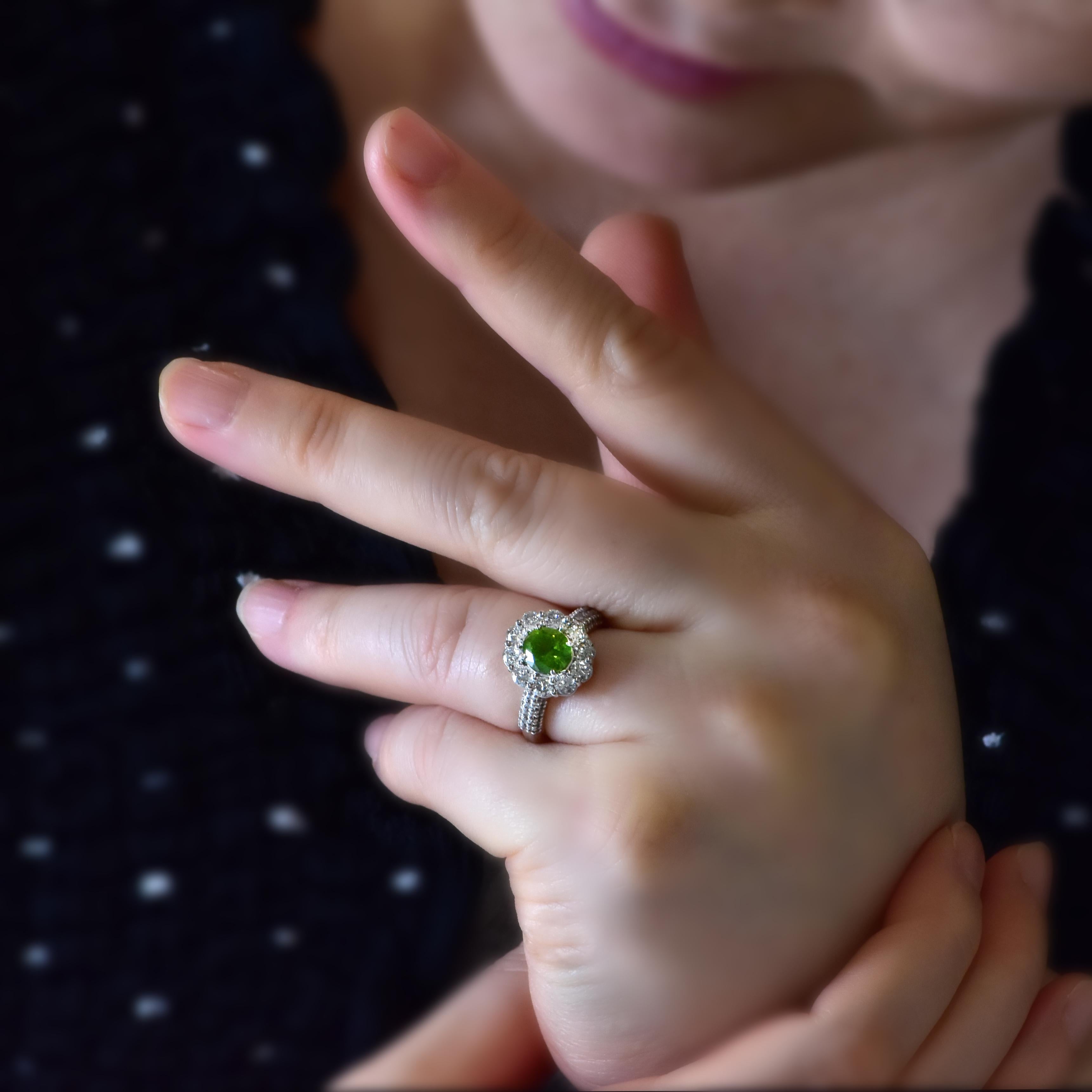 Round Cut 1.08 Carat Natural Demantoid Garnet and Diamond Halo Set Ring Made in Platinum For Sale