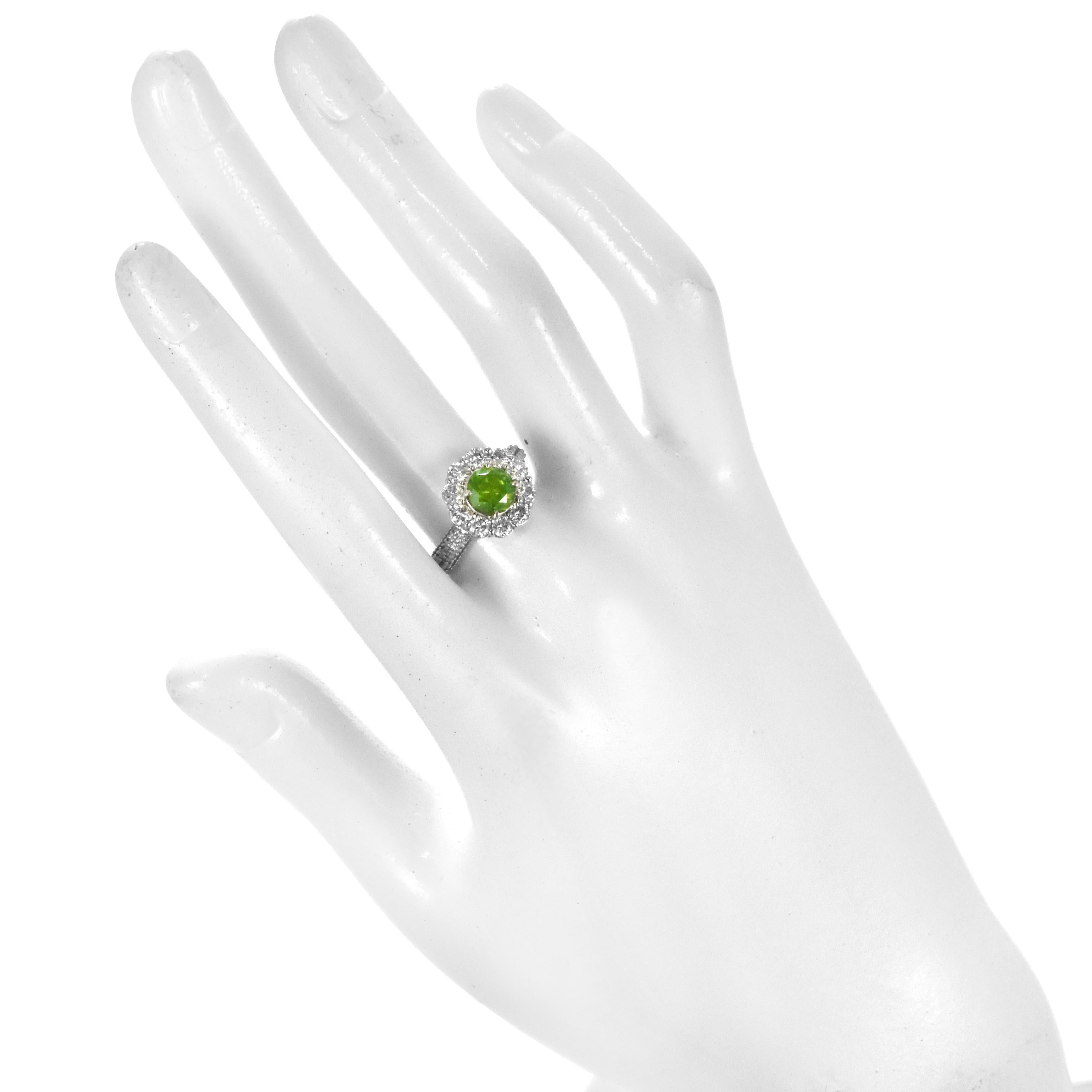 Women's 1.08 Carat Natural Demantoid Garnet and Diamond Halo Set Ring Made in Platinum For Sale