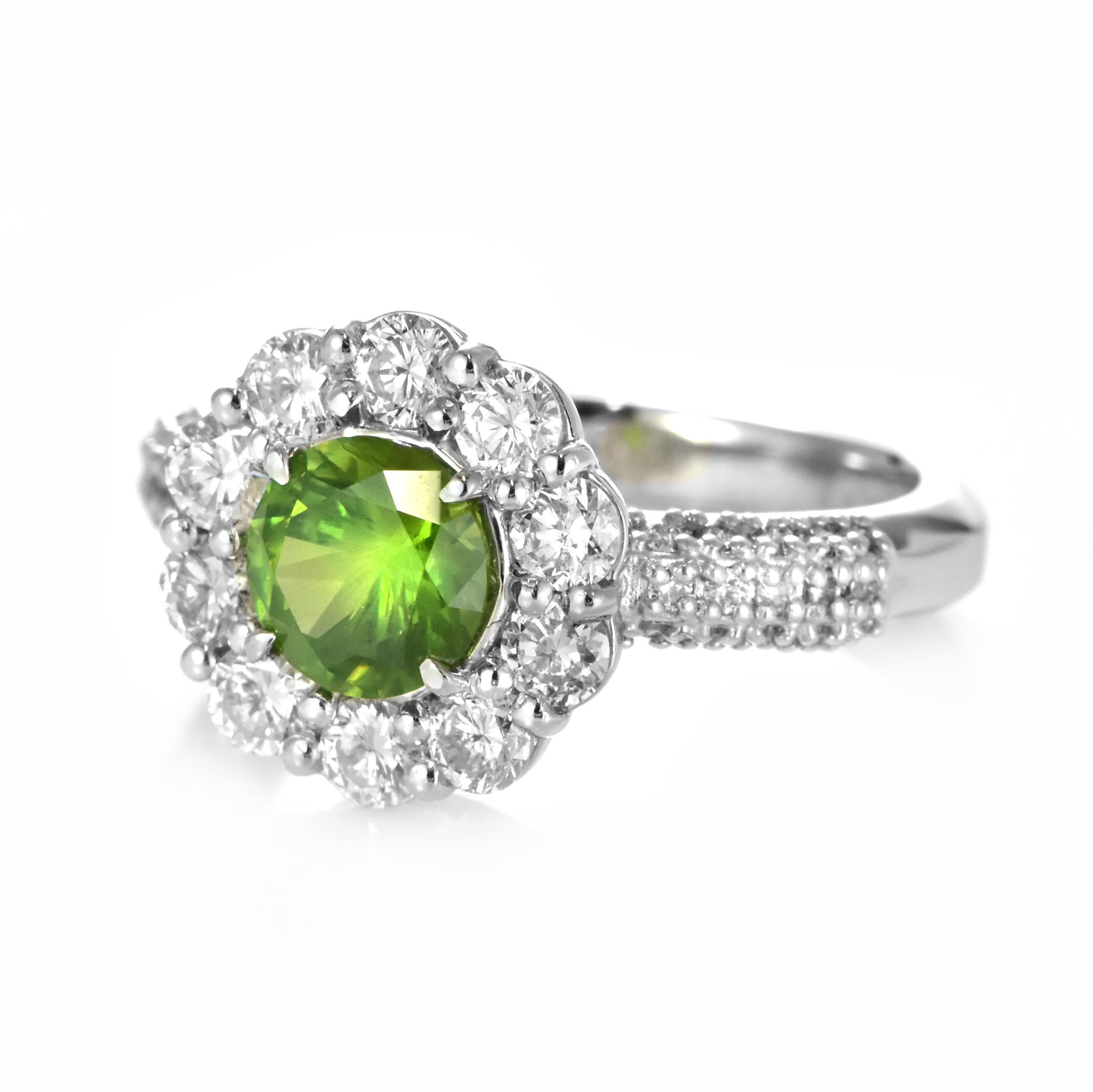 1.08 Carat Natural Demantoid Garnet and Diamond Halo Set Ring Made in Platinum For Sale 1