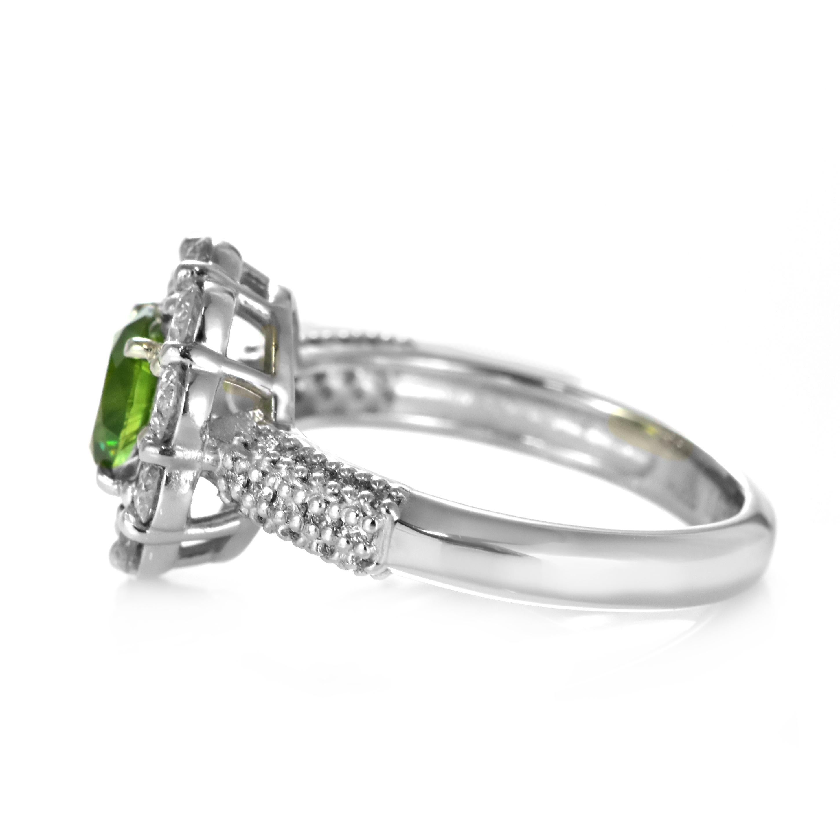 1.08 Carat Natural Demantoid Garnet and Diamond Halo Set Ring Made in Platinum For Sale 2