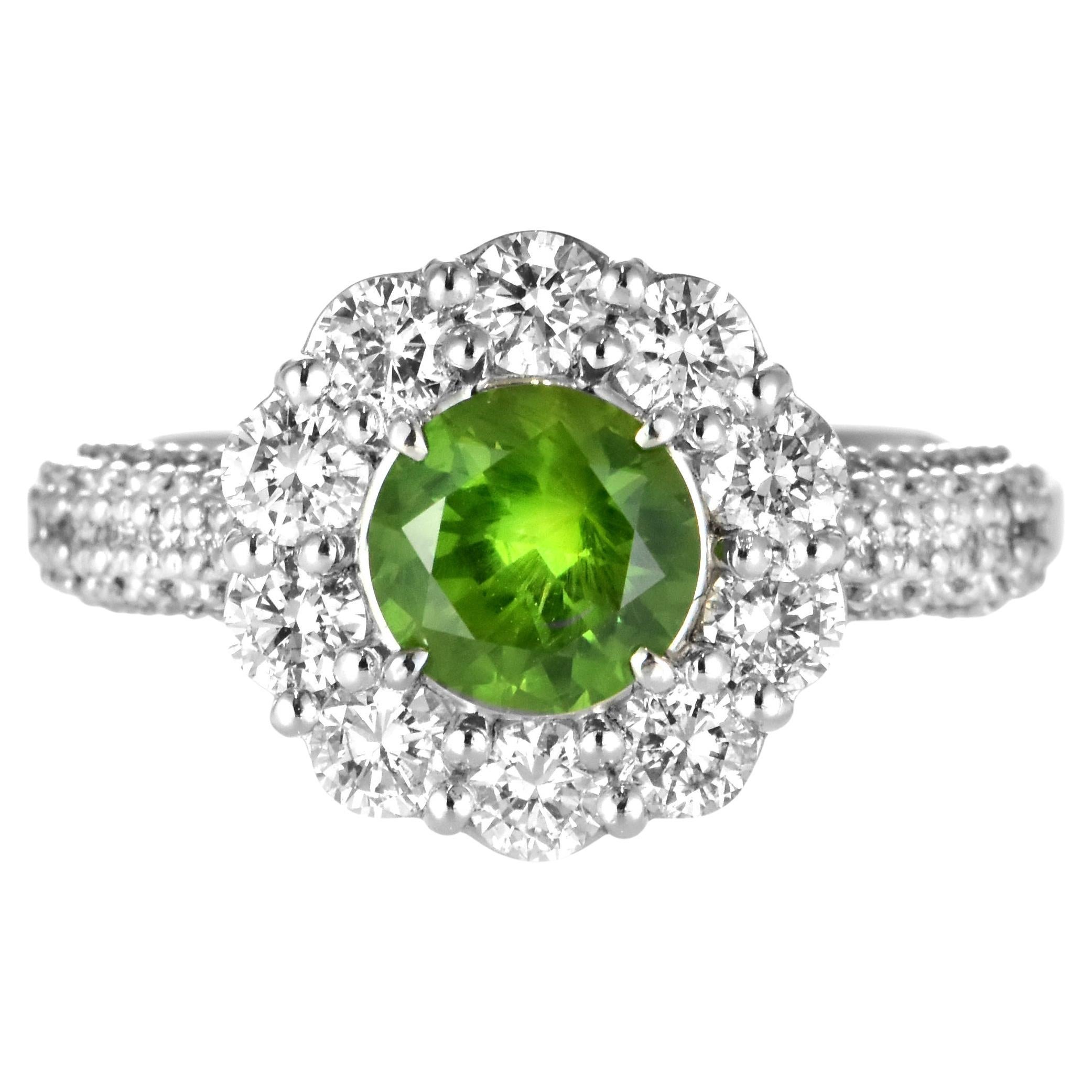 1.08 Carat Natural Demantoid Garnet and Diamond Halo Set Ring Made in Platinum For Sale
