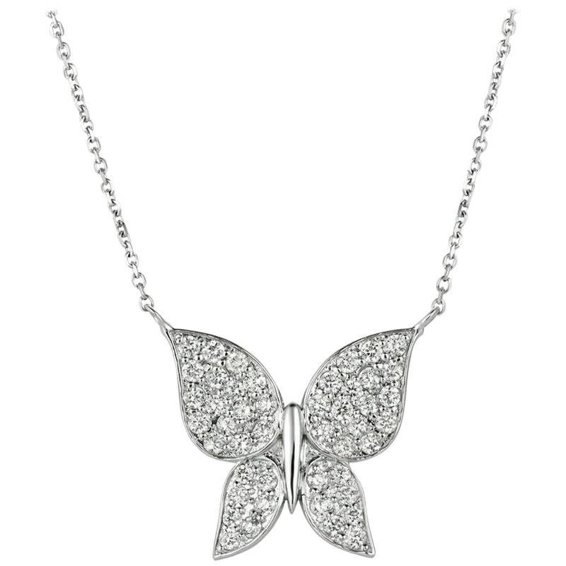 1.08 Carat Natural Diamond Butterfly Necklace 14 Karat White Gold G SI For Sale