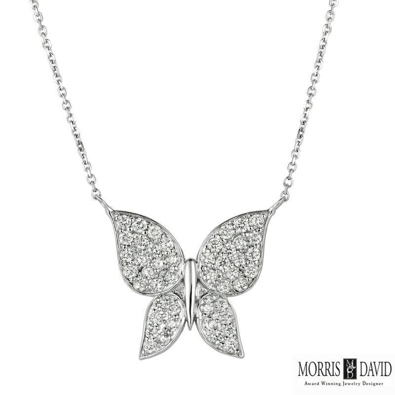Round Cut 1.08 Carat Natural Diamond Butterfly Necklace 14 Karat White Gold G SI For Sale