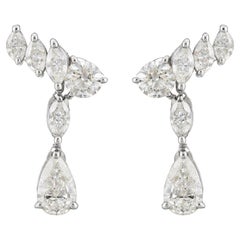Pear and Marquise Cut Natural Diamond Drop Earrings 1.08 Carat in 18K White Gold