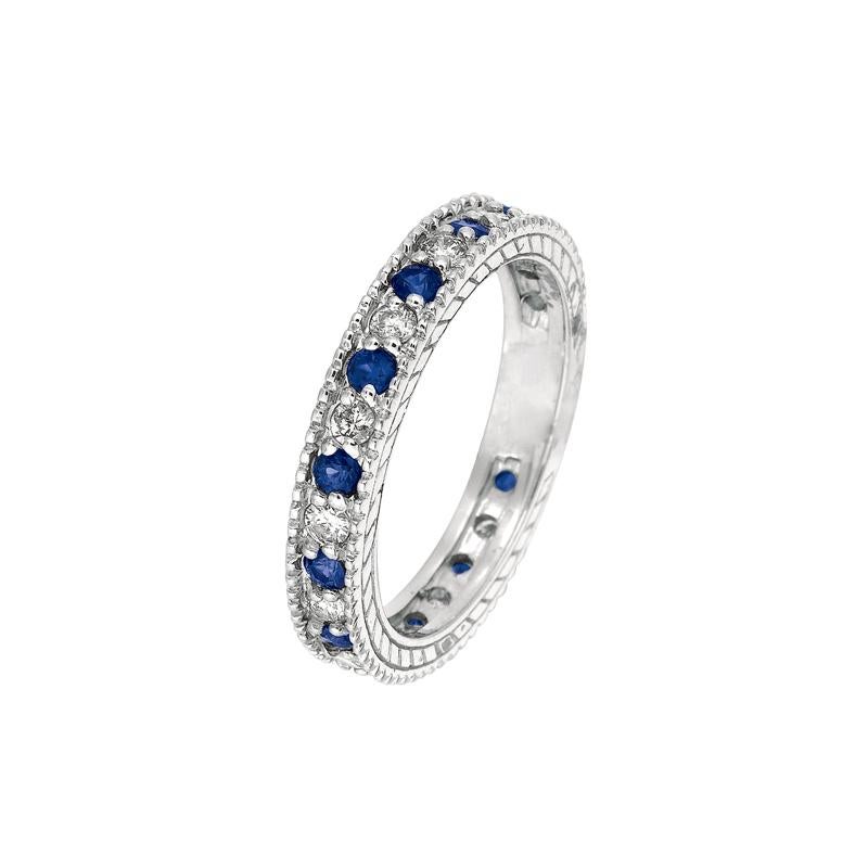 Round Cut 1.08 Carat Natural Diamond and Sapphire Eternity Band 14 Karat White Gold For Sale