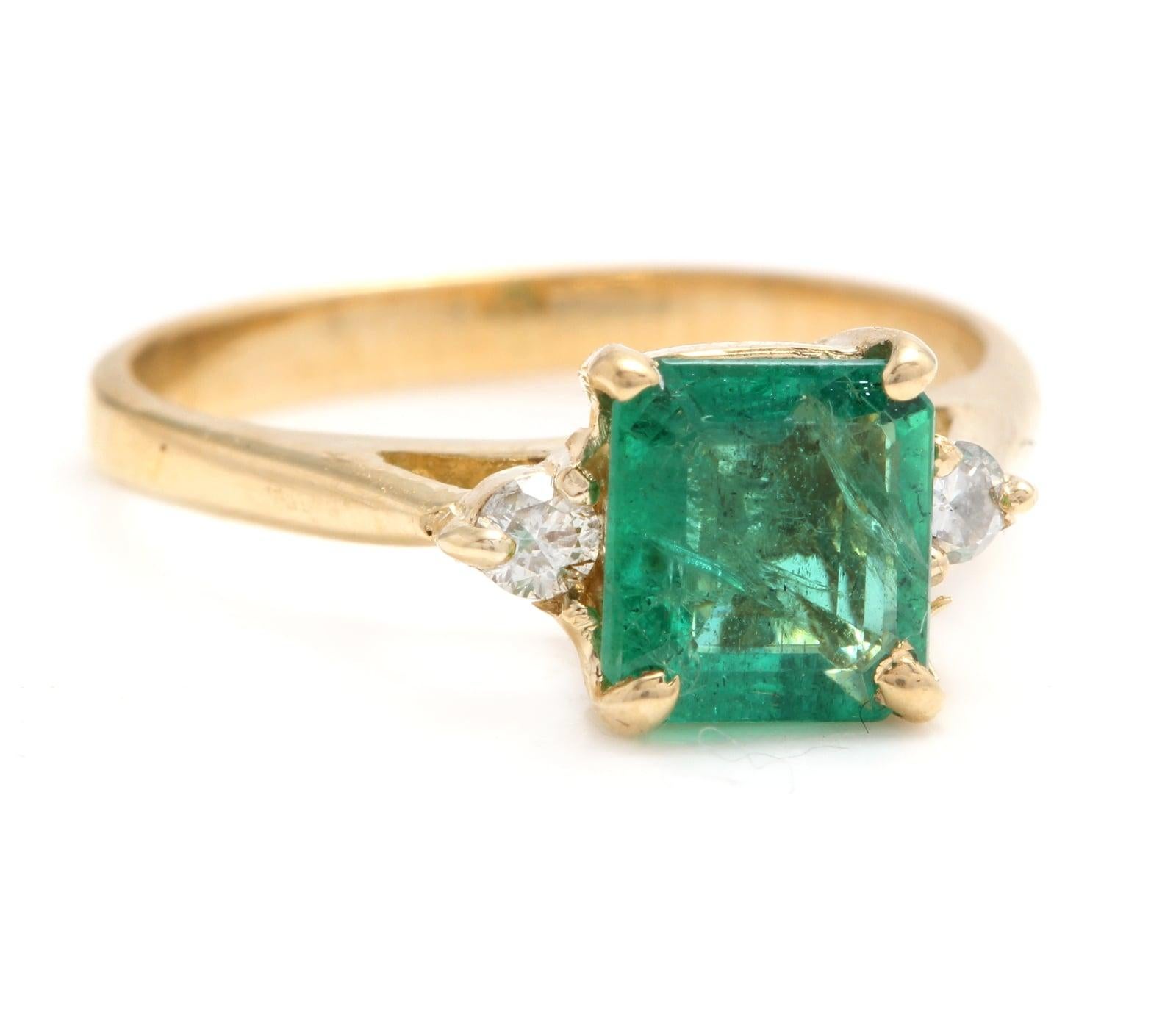 1.08 Carats Natural Emerald and Diamond 14K Solid Yellow Gold Ring

Total Natural Green Emerald Weight is: Approx. 1.00 Carats (transparent)

Emerald Measures: 6.30 x 5.80mm

Natural Round Diamonds Weight: 0.08 Carats (color G-H / Clarity