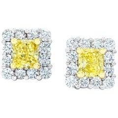 1.08 Carat Natural Fancy Yellow Diamond Platinum and 18 Karat Gold Earrings