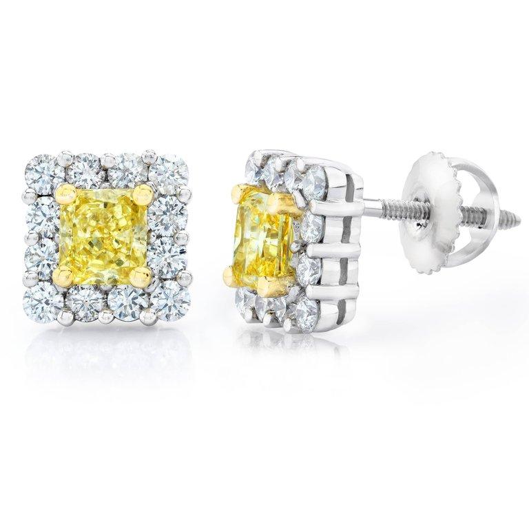Two Radiant Cut Fancy Yellow Diamonds weighing 1.08 carats and 24 Brilliant Cut Diamonds weighing .80 Carats set in platinum screw back earrings with 18k yellow gold prongs.