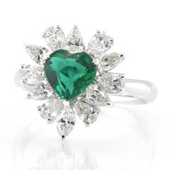 1.08 Carat Natural Heart Shape Emerald and Diamond Ring Set in Platinum