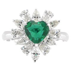 1.08 Carat Natural Heart Shape Emerald and Diamond Ring Set in Platinum