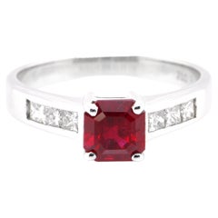 1.08 Carat Natural Octagon Cut Ruby and Diamond Ring Set in Platinum