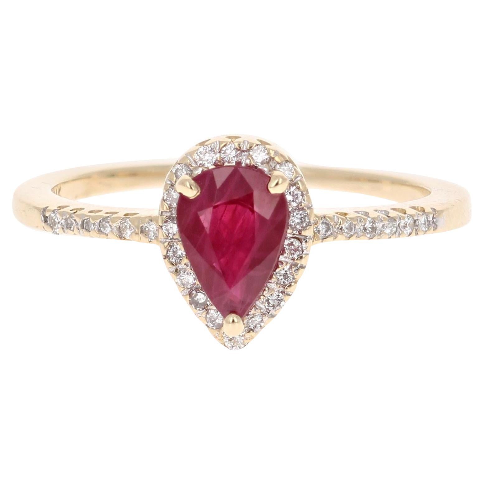 1.08 Carat Natural Pear Cut Ruby Diamond 14 Karat Yellow Gold Engagement Ring