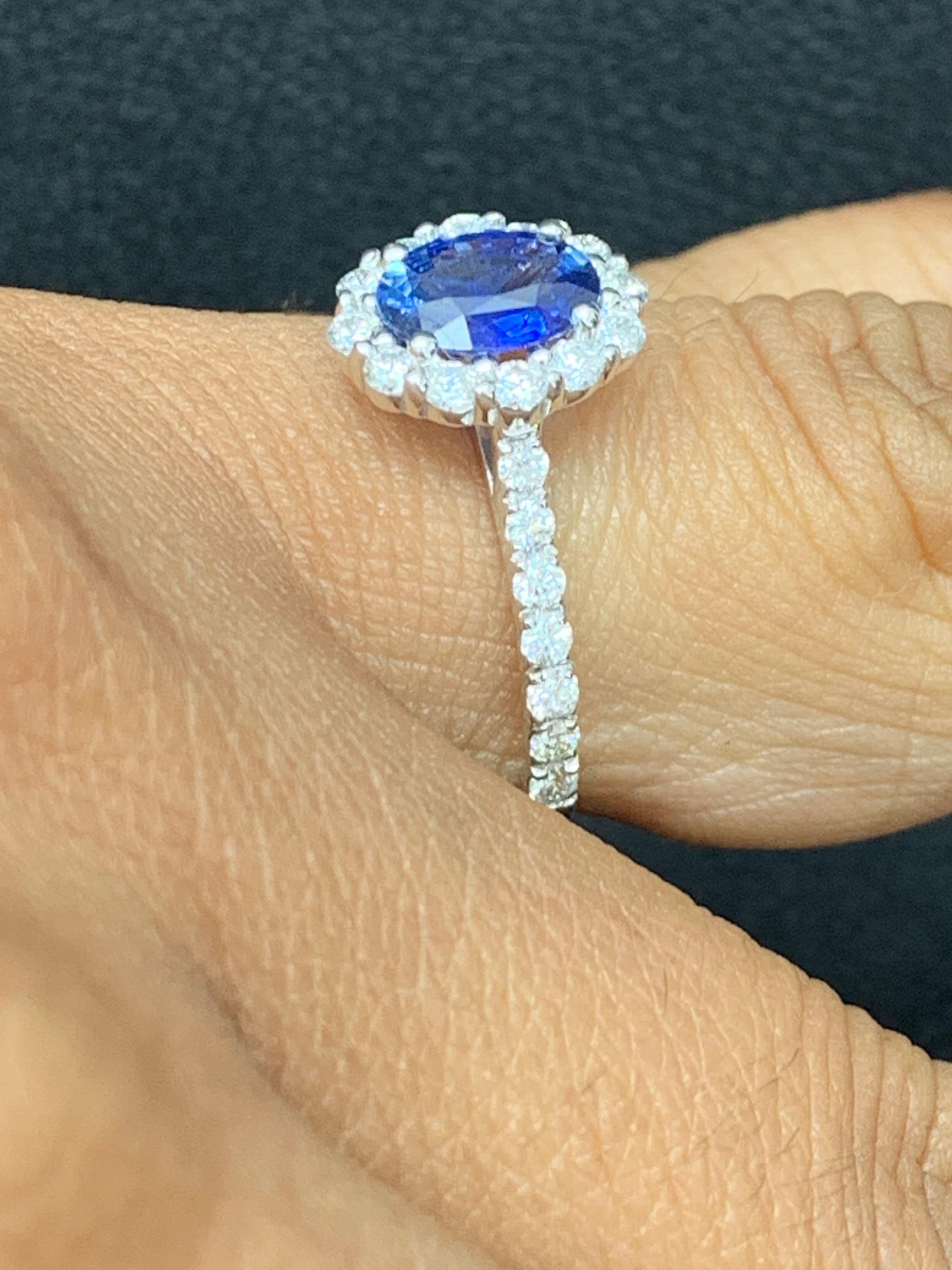1.08 Carat Oval Cut Blue Sapphire and Diamond Engagement Ring in 14K White Gold For Sale 6
