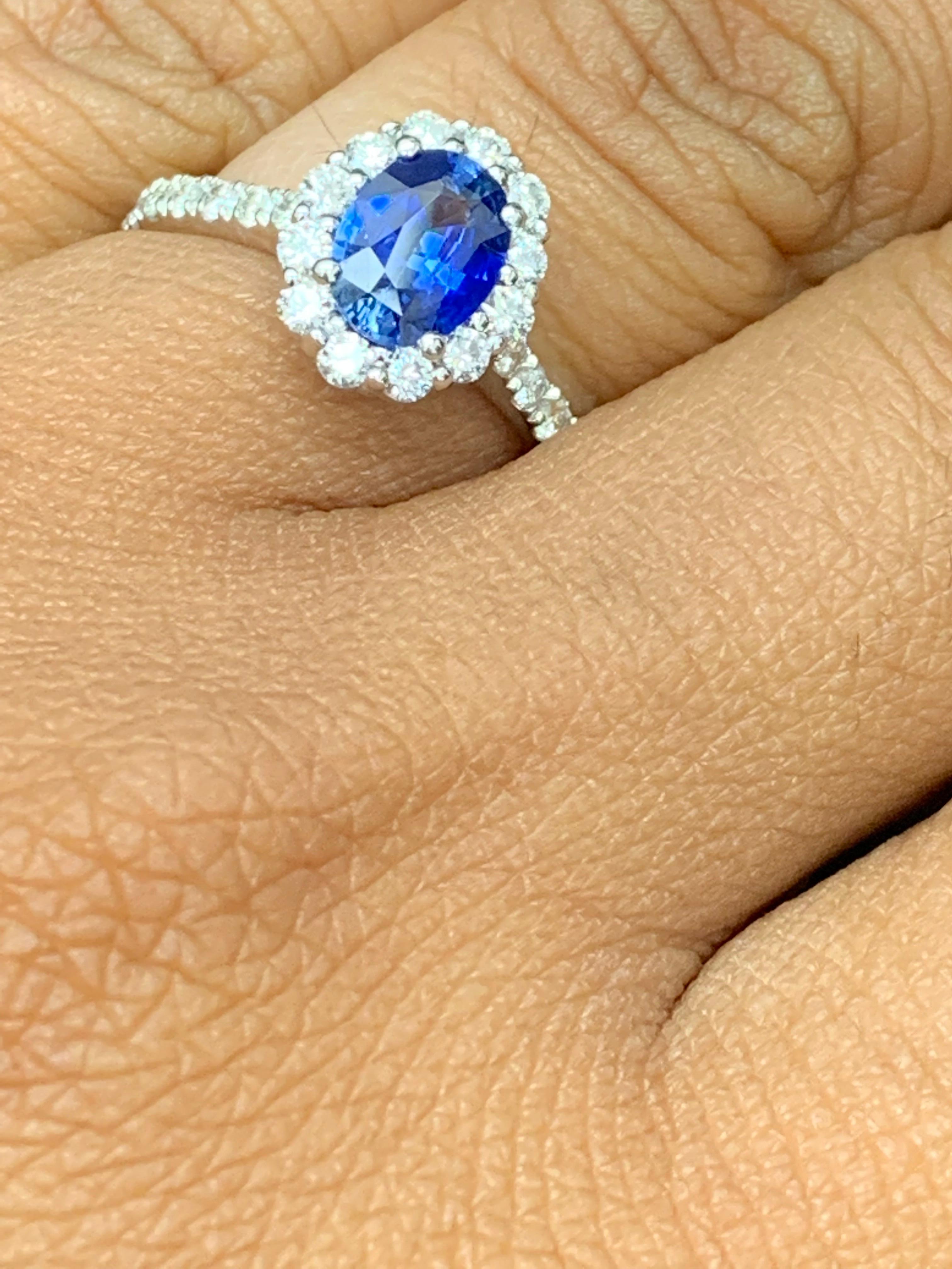 1.08 Carat Oval Cut Blue Sapphire and Diamond Engagement Ring in 14K White Gold For Sale 8
