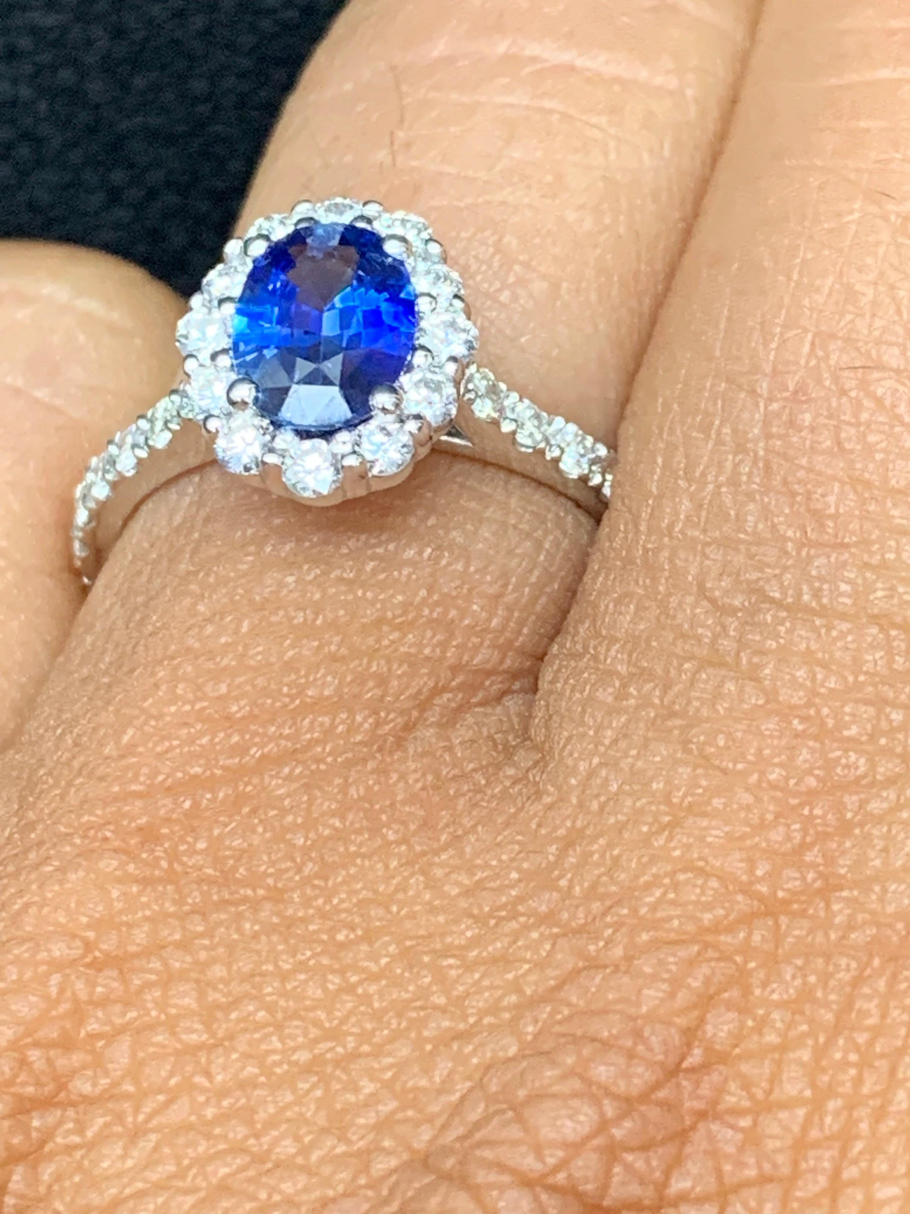 1.08 Carat Oval Cut Blue Sapphire and Diamond Engagement Ring in 14K White Gold For Sale 9