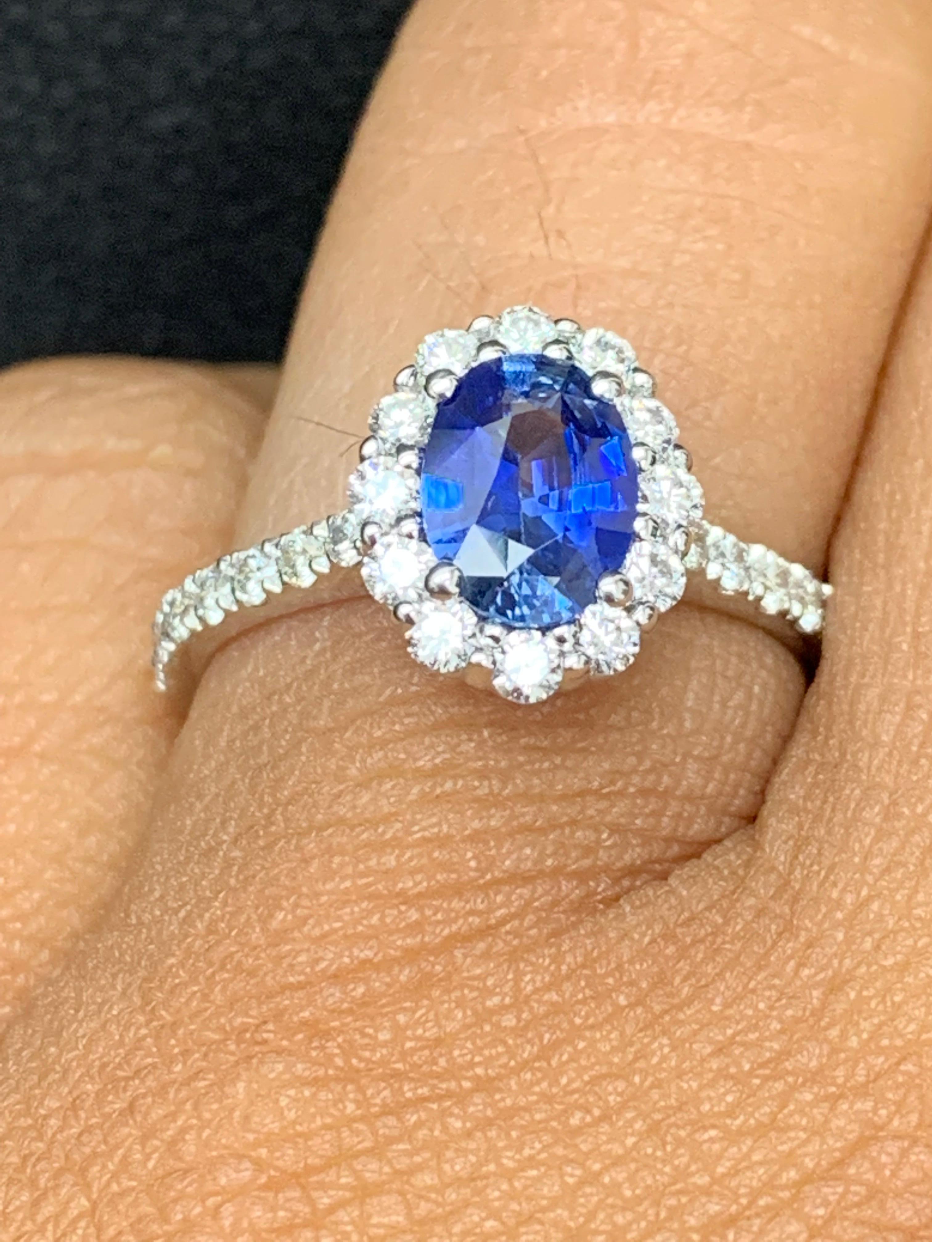 1.08 Carat Oval Cut Blue Sapphire and Diamond Engagement Ring in 14K White Gold For Sale 11