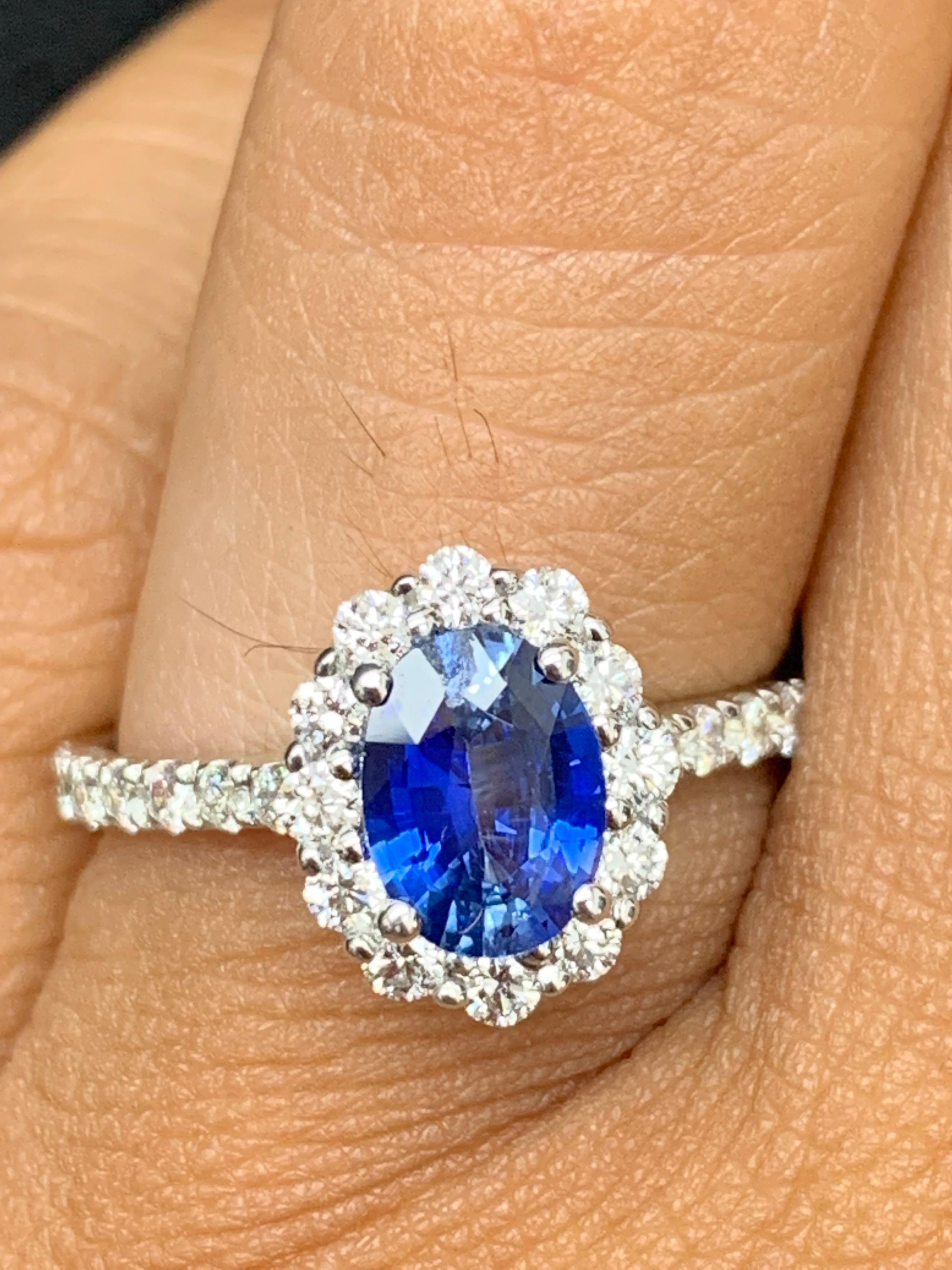 1.08 Carat Oval Cut Blue Sapphire and Diamond Engagement Ring in 14K White Gold For Sale 12