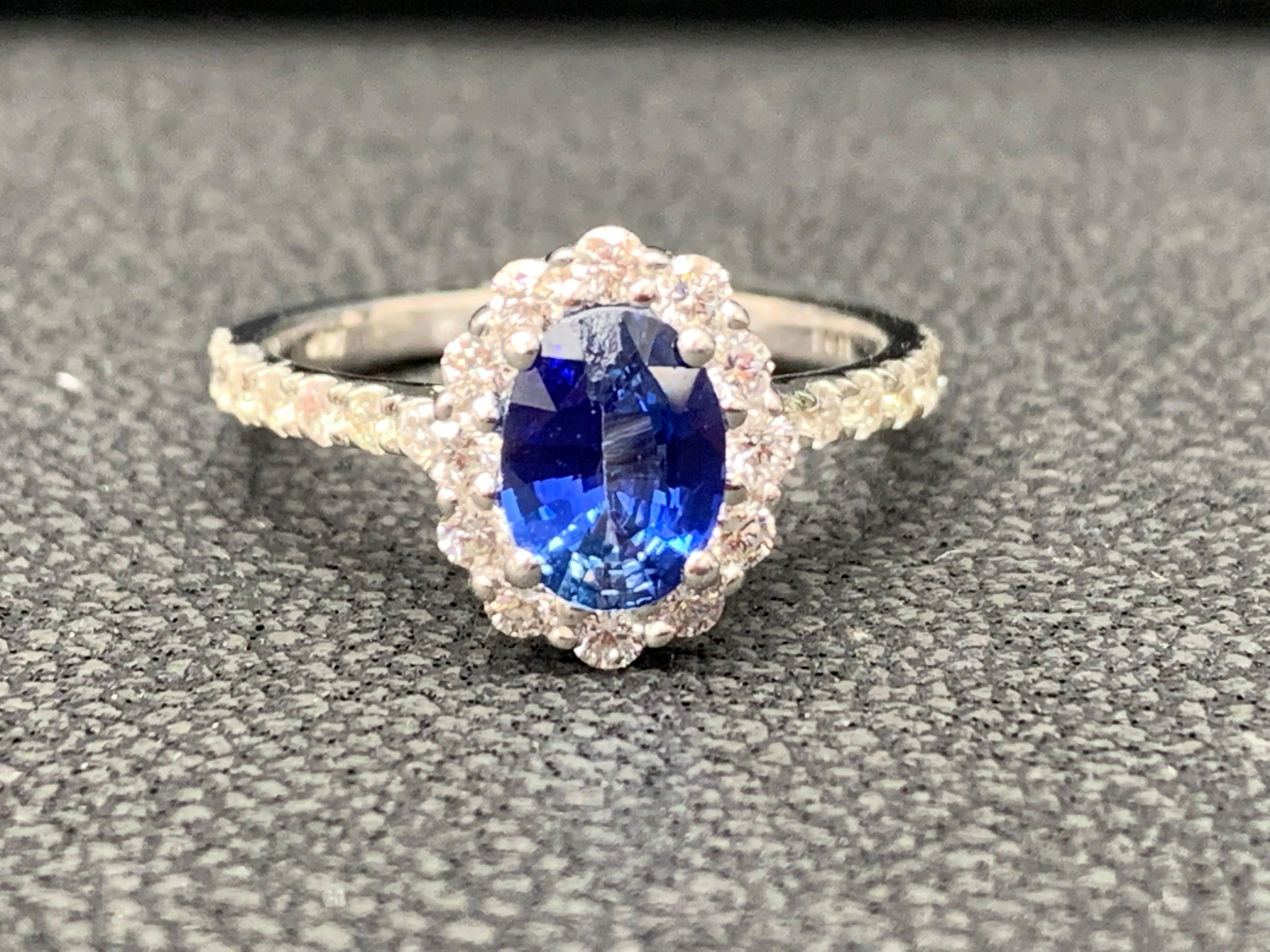Modern 1.08 Carat Oval Cut Blue Sapphire and Diamond Engagement Ring in 14K White Gold For Sale