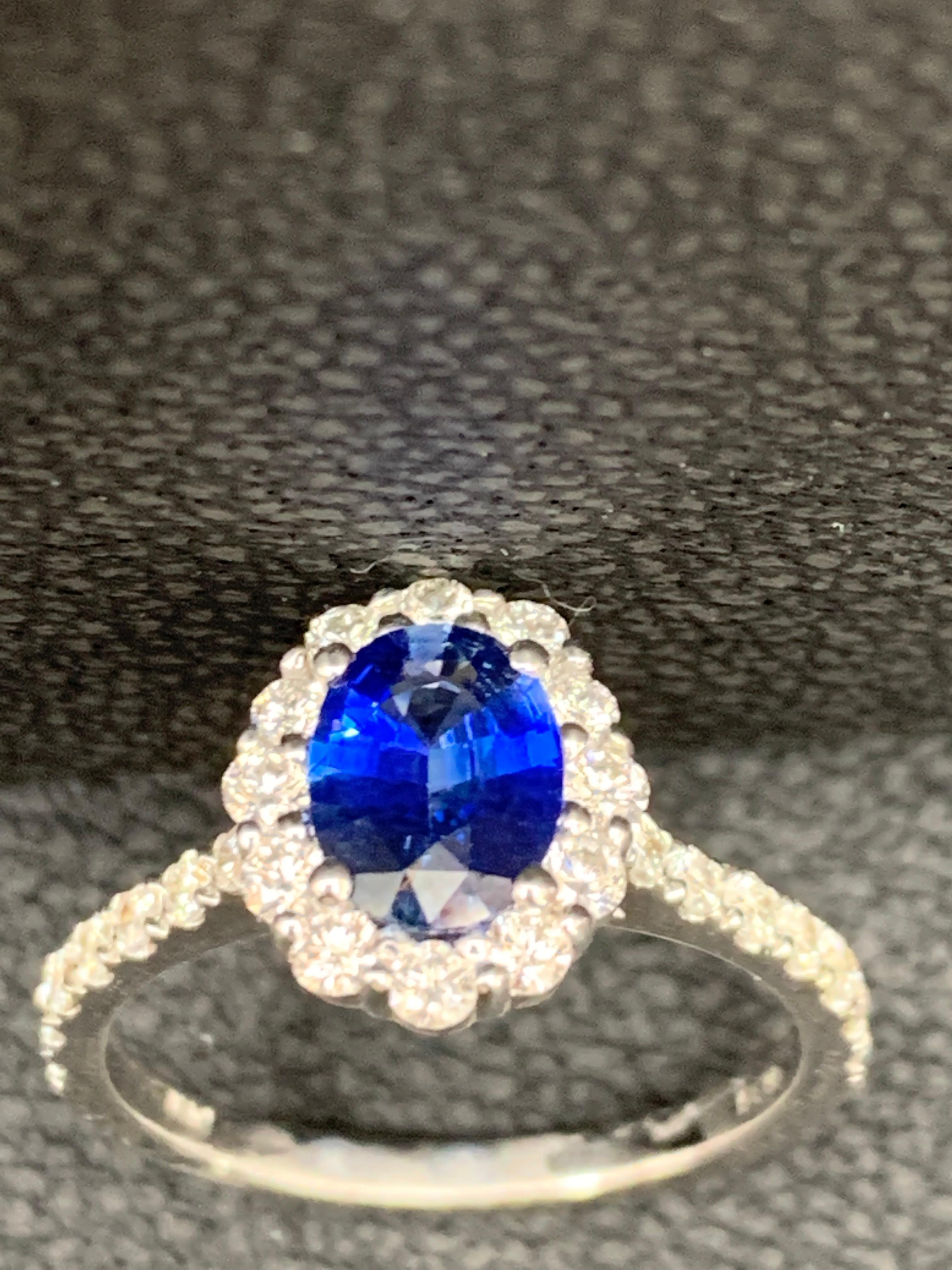 1.08 Carat Oval Cut Blue Sapphire and Diamond Engagement Ring in 14K White Gold For Sale 3