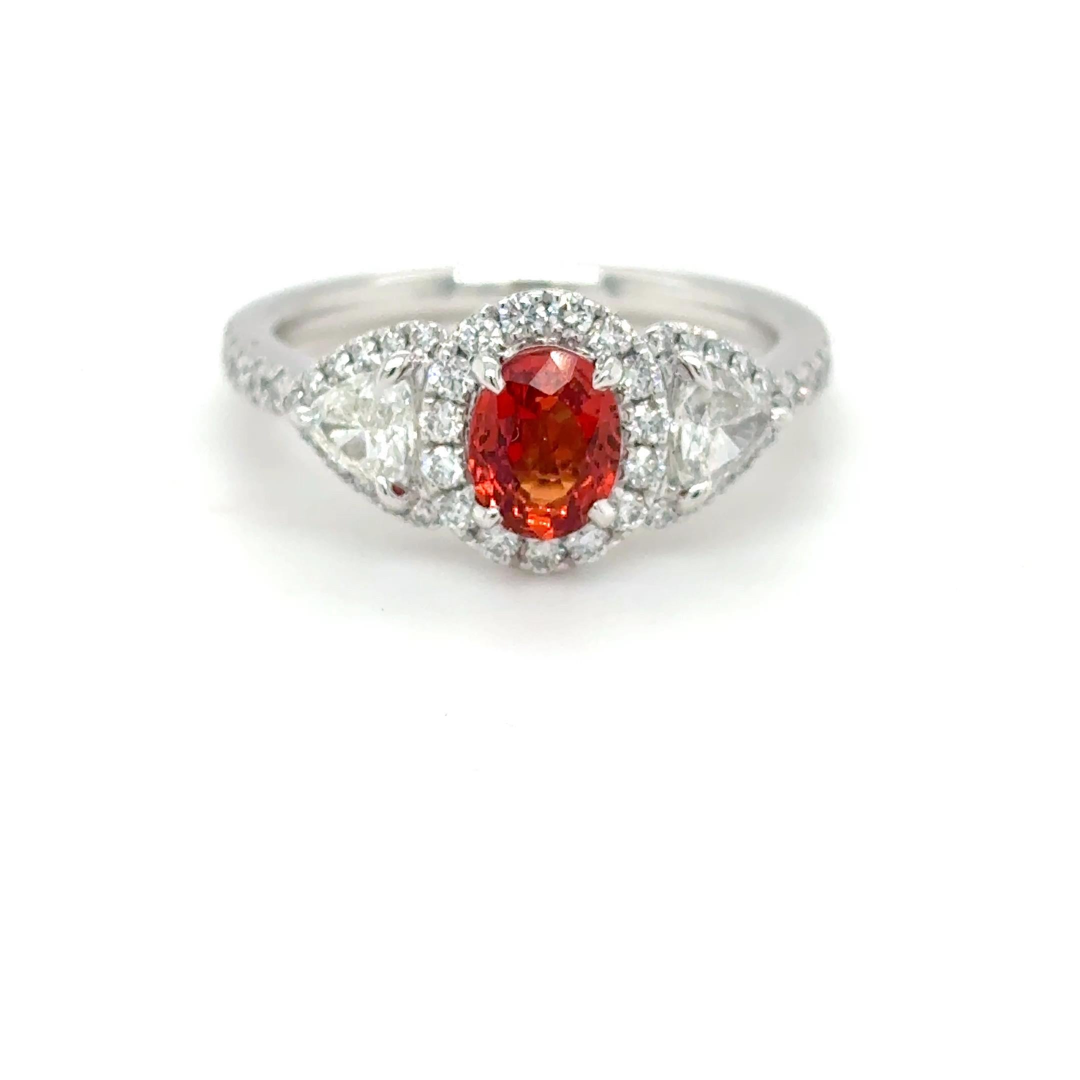 1.08 Carat Padparadscha Sapphire Diamond Platinum Ring For Sale 9