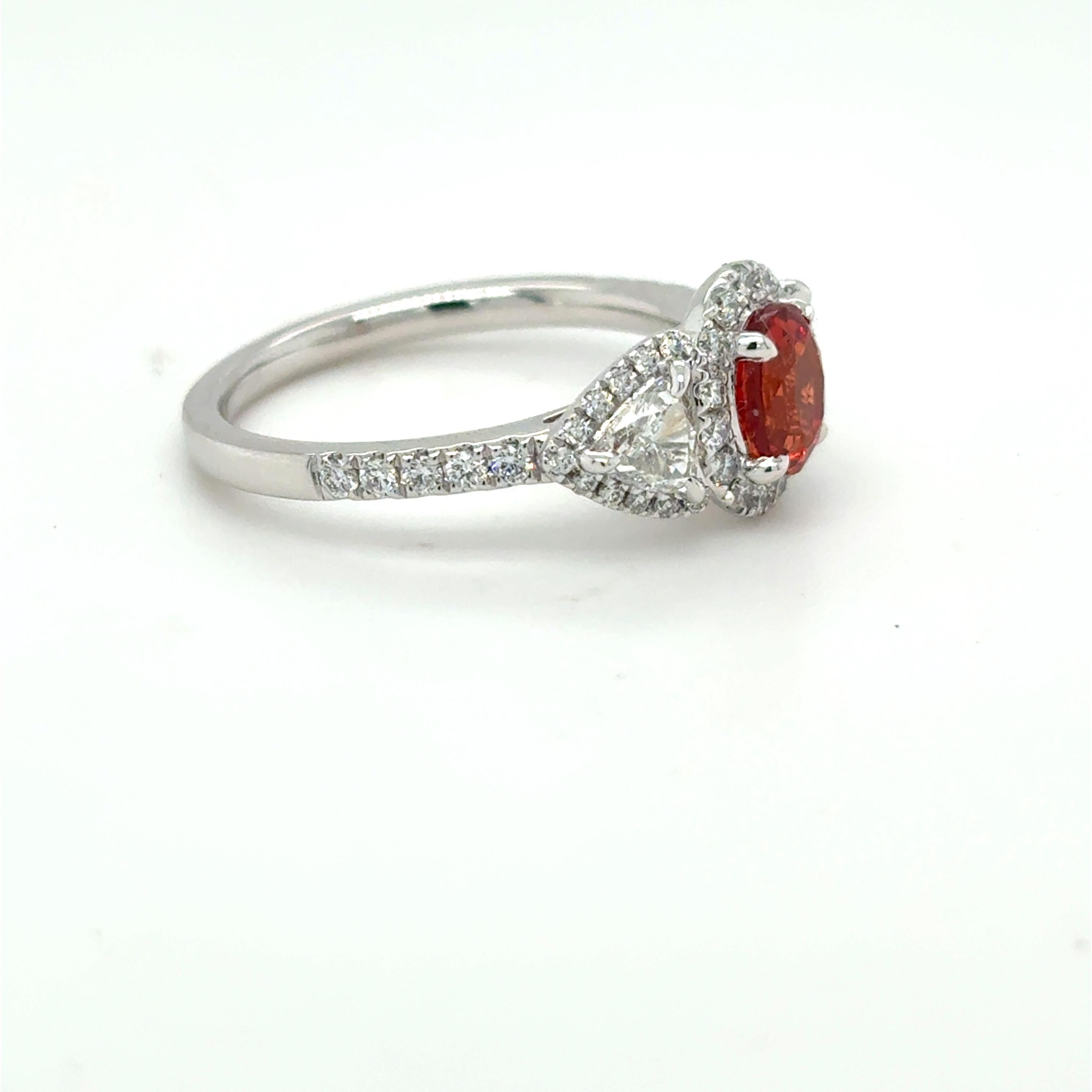 Oval Cut 1.08 Carat Padparadscha Sapphire Diamond Platinum Ring For Sale