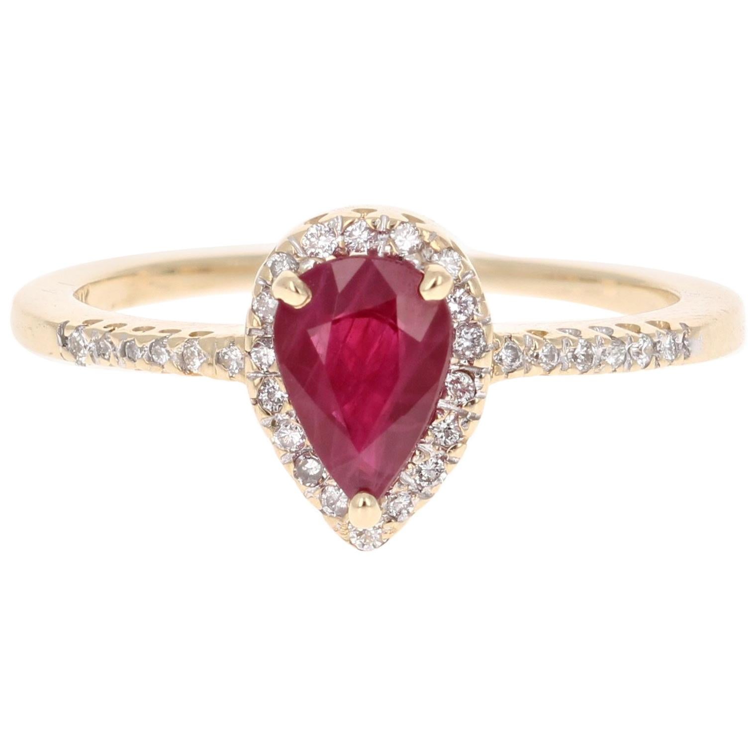 Bague de mariage en or jaune 14 carats avec diamants et rubis taille poire de 1,08 carat