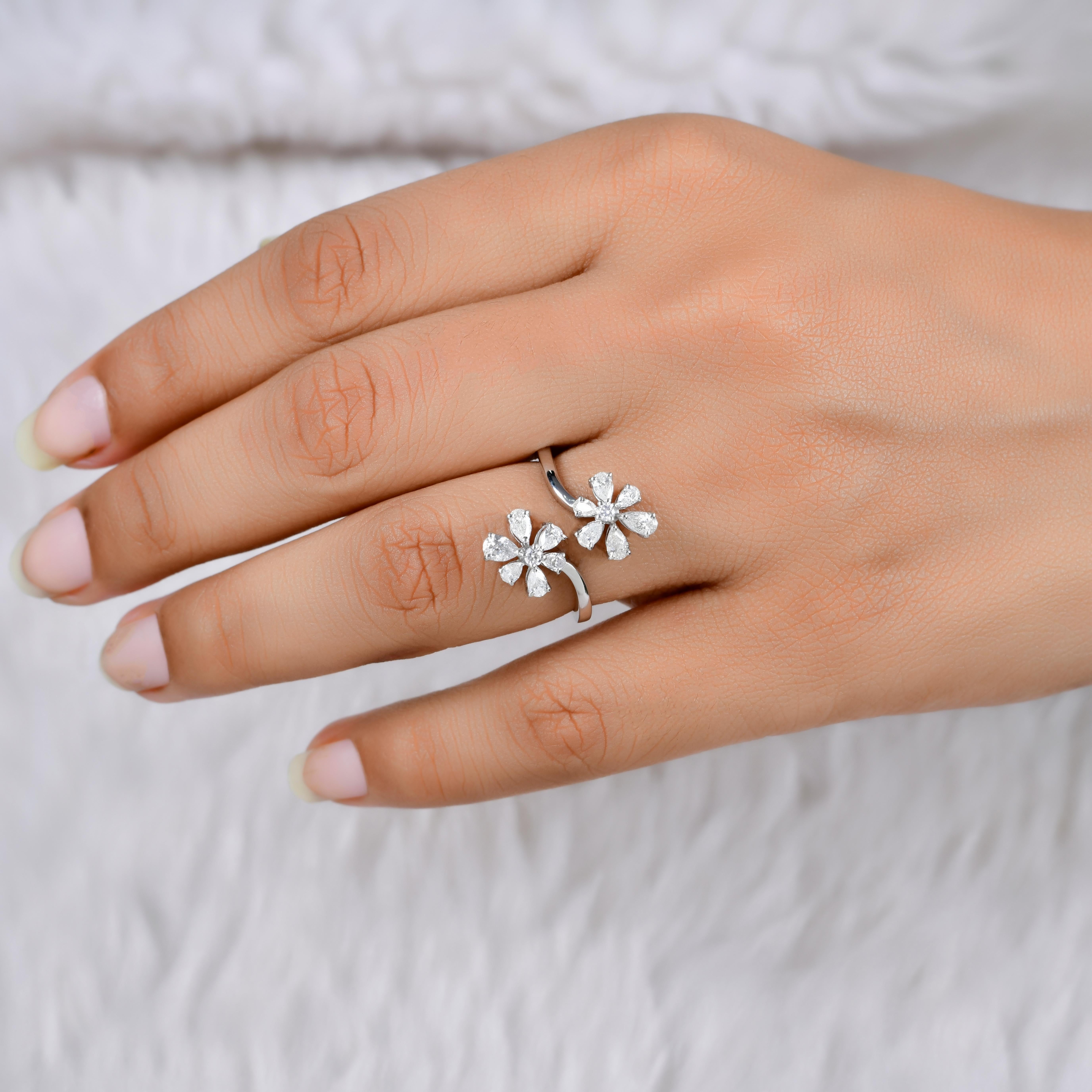 Women's 1.08 Carat Pear Diamond Flower Ring 18 Karat White Gold Handmade Fine Jewelry For Sale
