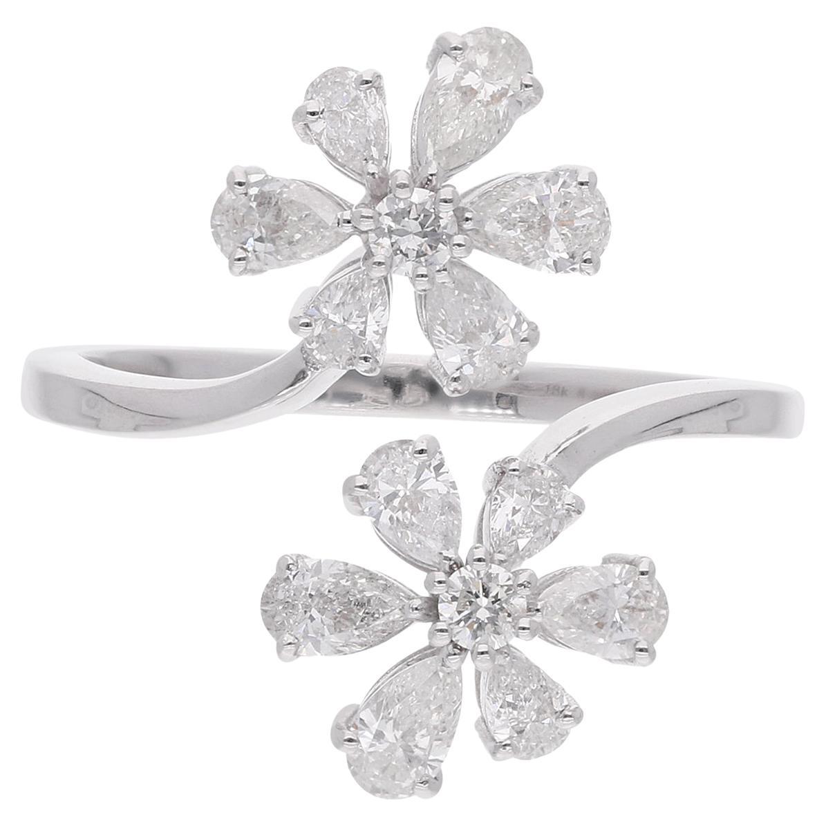 1.08 Carat Pear Diamond Flower Ring 18 Karat White Gold Handmade Fine Jewelry For Sale