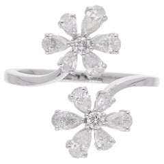 Anello con fiore di diamante a pera da 1,08 carati, oro bianco 18 carati, fatto a mano.