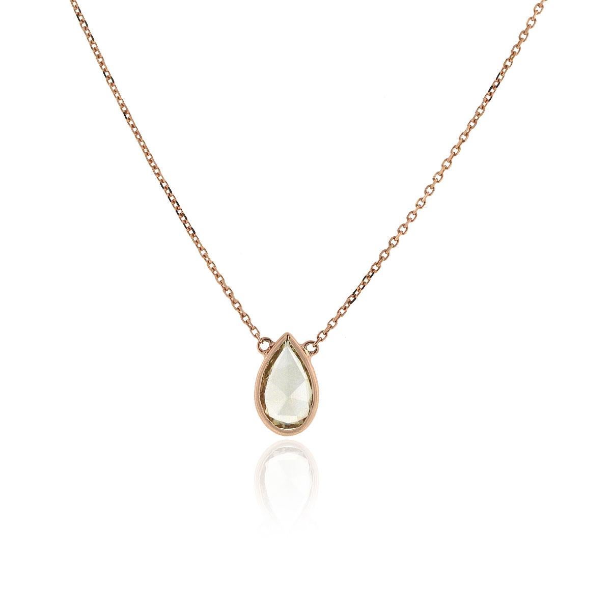 Material: 14k Rose Gold
Diamond Details: GIA Certified 1.08ctw of Pear Shape diamond. Diamond is Brownish Yellow in color and SI1 in clarity
GIA: #1192219662
Measurements: Necklace measures 16″
Pendant Measurements: 7.70mm x 12.30mm
Fastening: