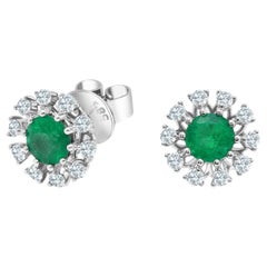1.08 Carat Round Emerald and 0.5 Carat Natural Diamond Earrings in 14W ref2155