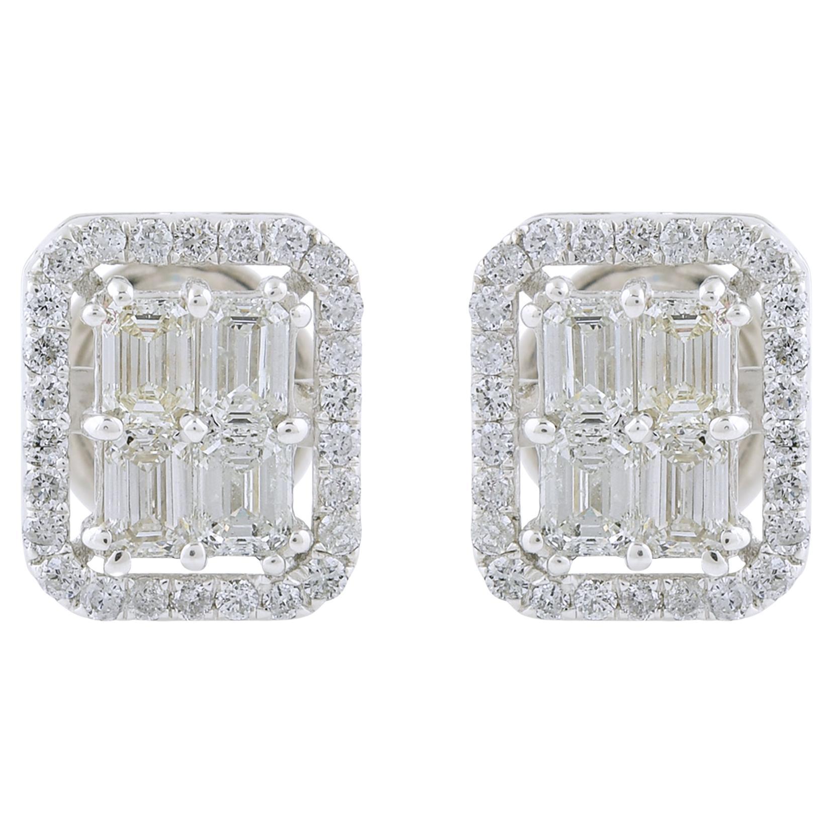1.08 Carat SI Clarity HI Color Emerald Cut Diamond Stud Earrings 18k White Gold For Sale