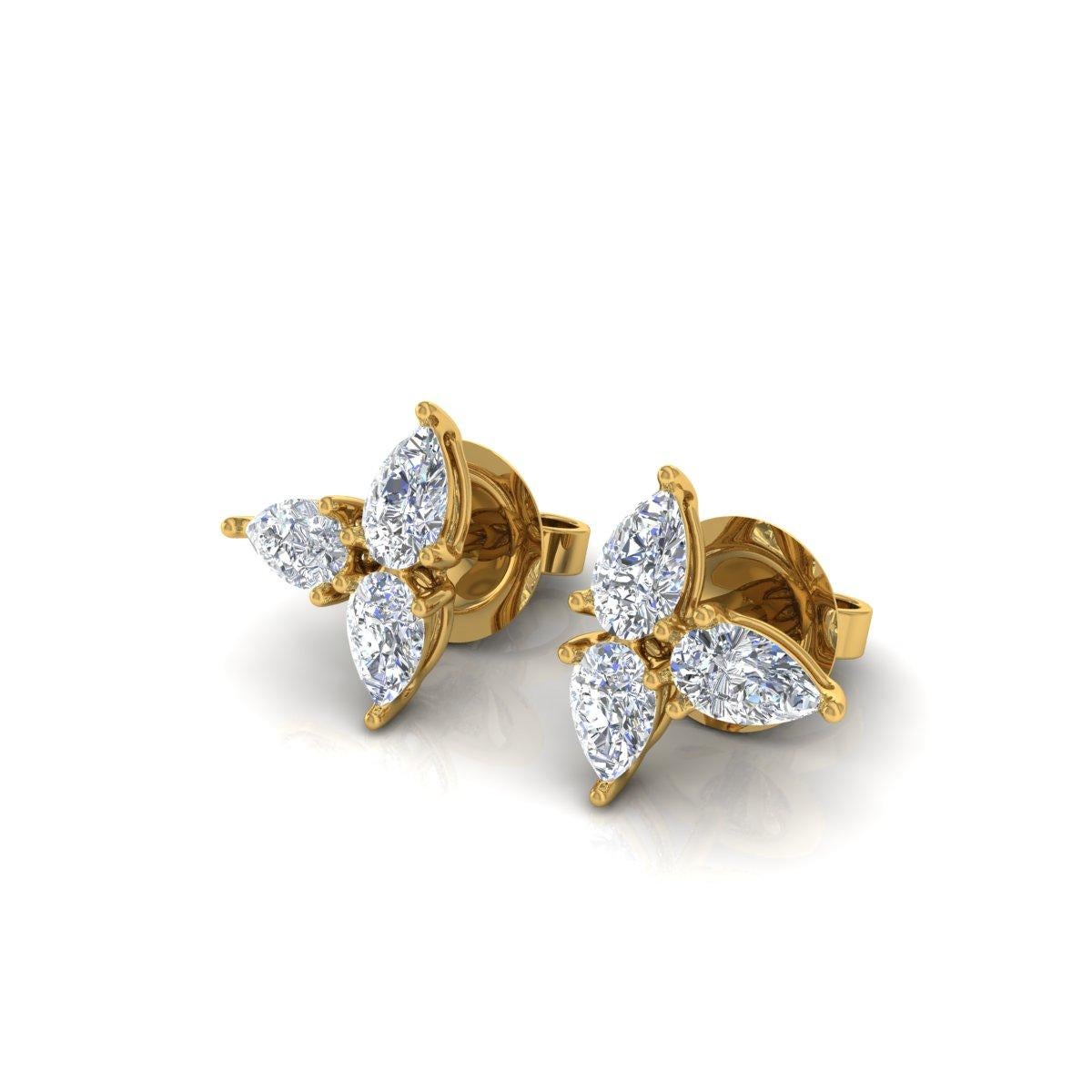 Pear Cut 1.08 Carat SI Clarity HI Color Pear Shape Diamond Earrings 18 Karat Yellow Gold For Sale