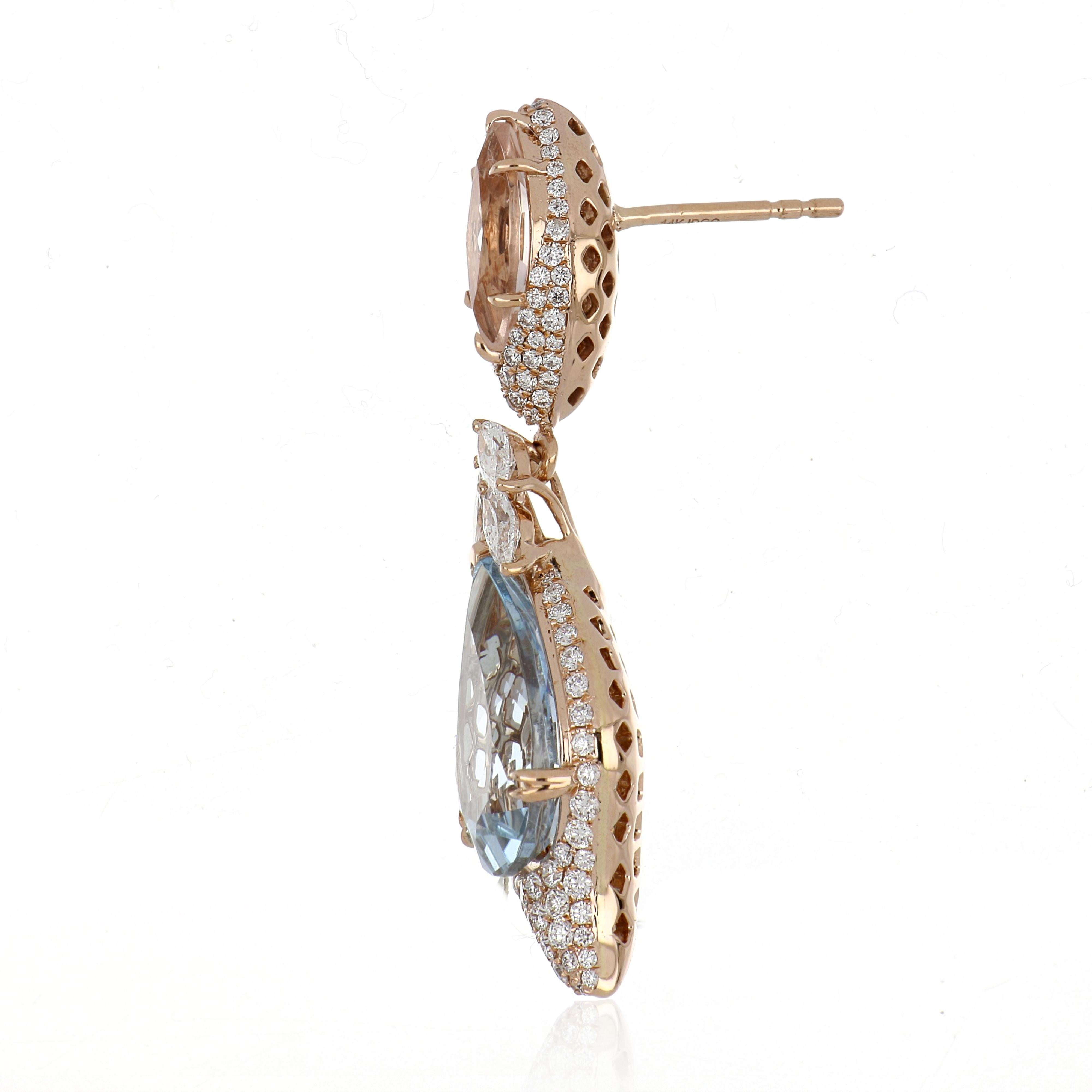 Orecchino con Morganite e Acquamarina da 10,8 carati totali e diamanti in oro 14 carati in vendita 1