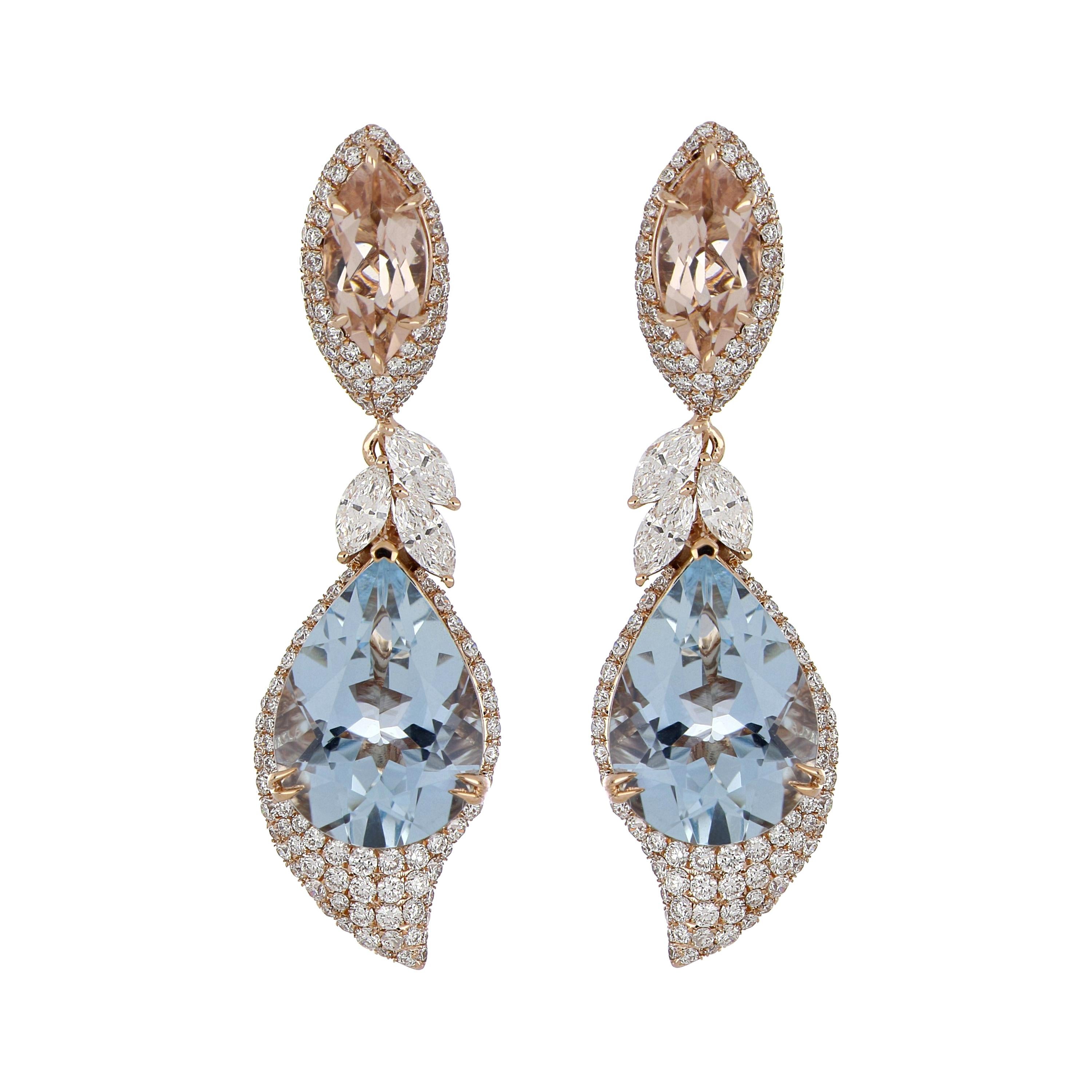 10.8 Carat Total Morganite and Aquamarine Earring with Diamonds in 14 Karat Gold