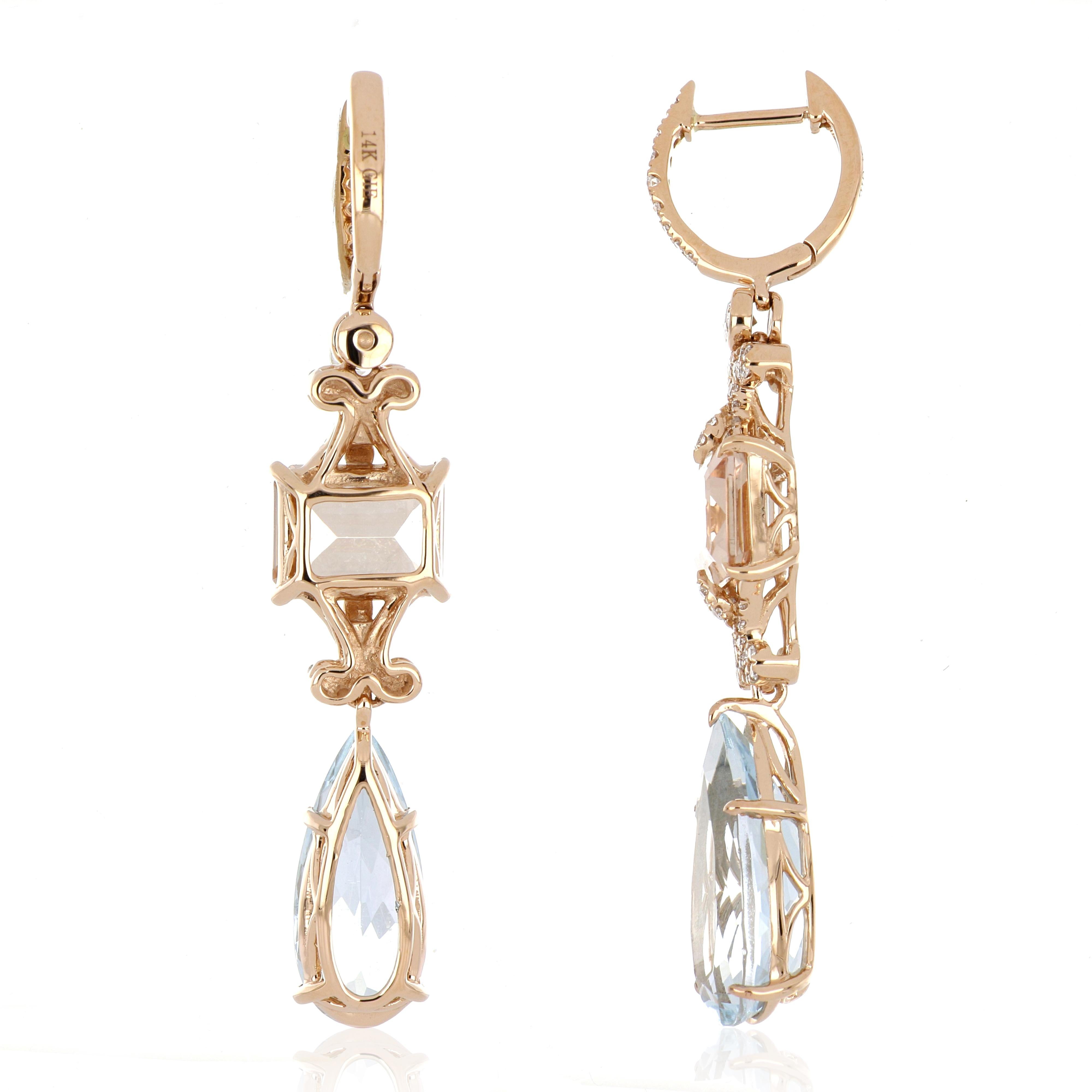 Contemporary 10.8 Carat Total Morganite and Aquamarine Earring with Diamonds in 18 Karat Gold For Sale