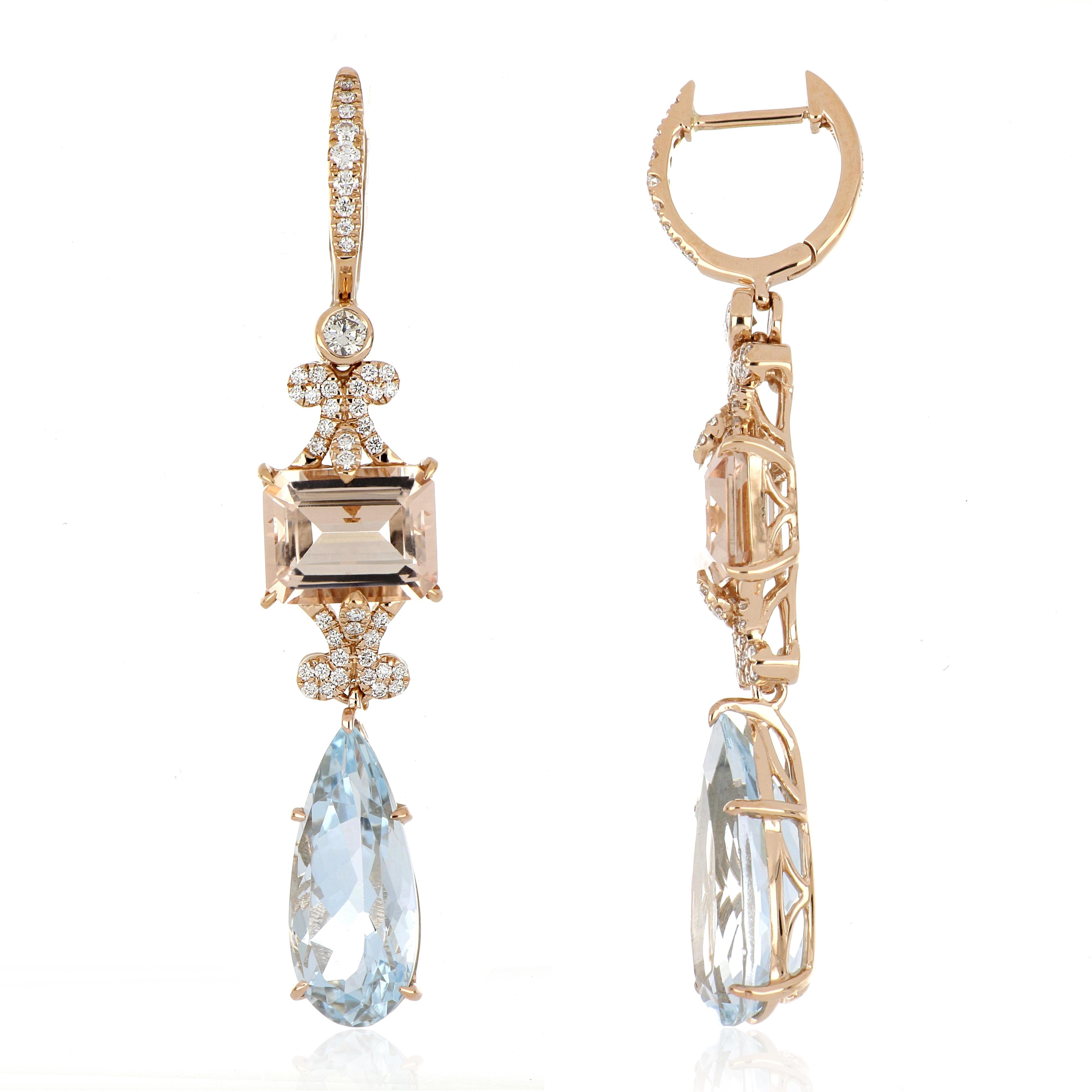 Elegant and Exquisitely detailed Mismatched Dangling Gold Earrings, set with 6.70 Ct (total ) Aquamarine, 4.10 Cts (total)  Morganite, accented with micro pave Diamonds, weighing approx. 0.47 Cts. total carat weight. Beautifully Hand crafted in 18