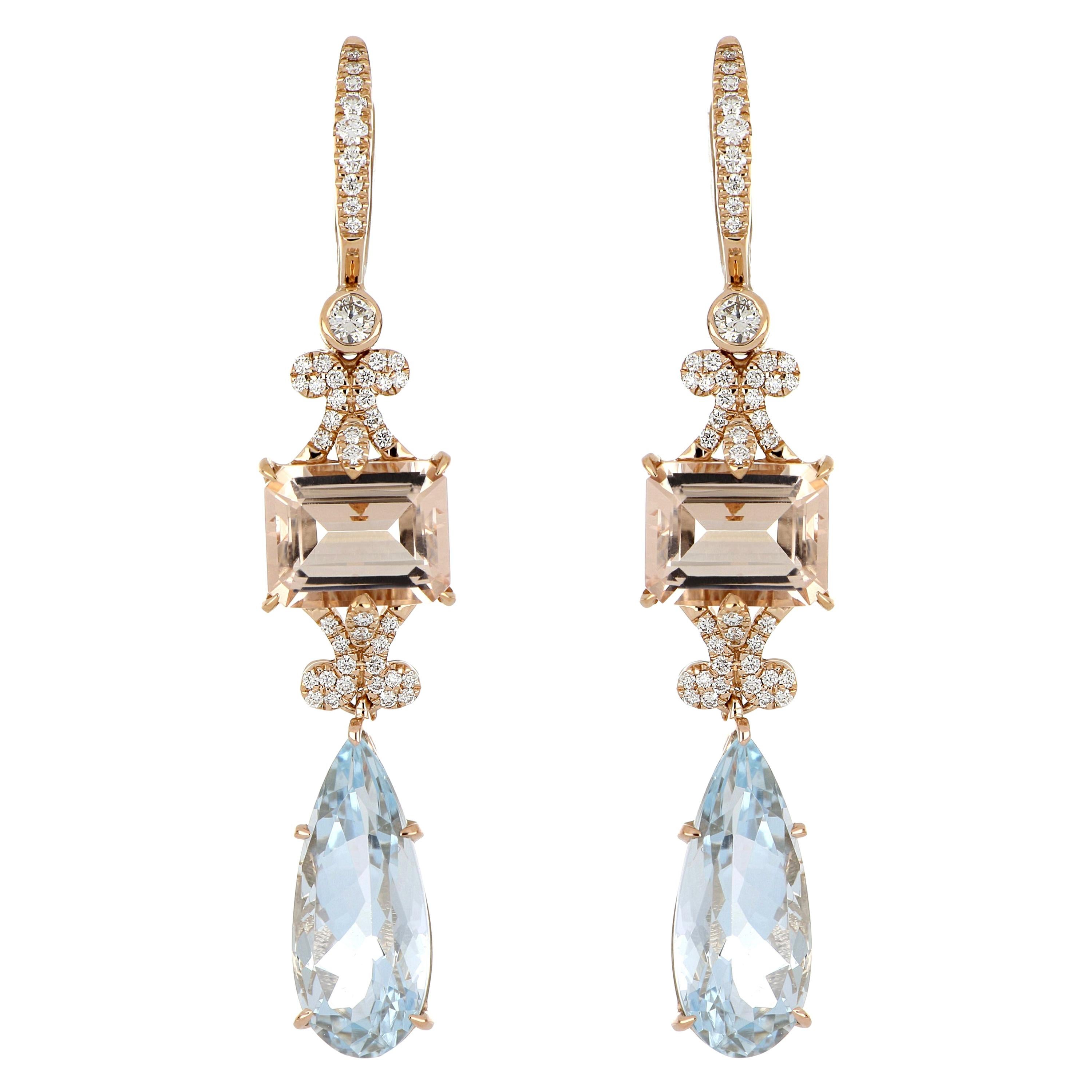 10.8 Carat Total Morganite and Aquamarine Earring with Diamonds in 18 Karat Gold For Sale