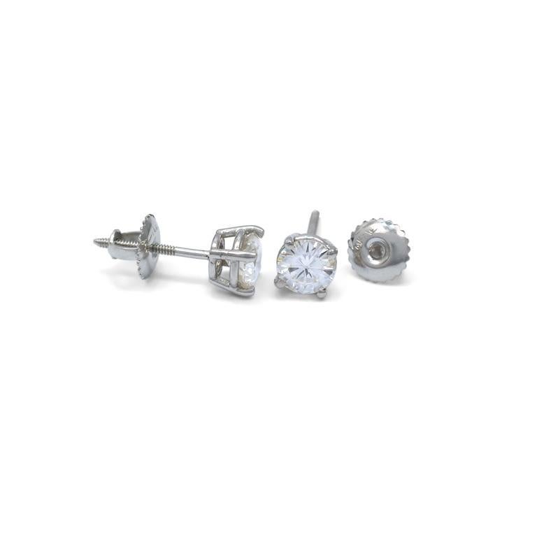 One Pair Electronically Tested 14KT White Gold Cast & Assembled Diamond Solitaire Earrings
Screw Backs
Bright Polish Finish
Good Condition
One Prong Set Round Brilliant Cut Diamond

Measures 5.20 - 5.10 x 3.40 mm (depth estimated)
Approximate Weight