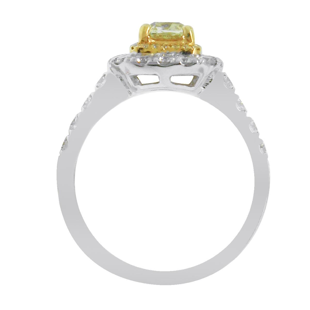 Material: 18k White Gold and 18k Yellow Gold
Center Diamond Details: Approximately 1.08ct cushion cut yellow diamond. Center diamond is SI1 in clarity.
Accent Diamond Details: Approximately 0.11ctw yellow accent diamonds and approximately 0.42ctw