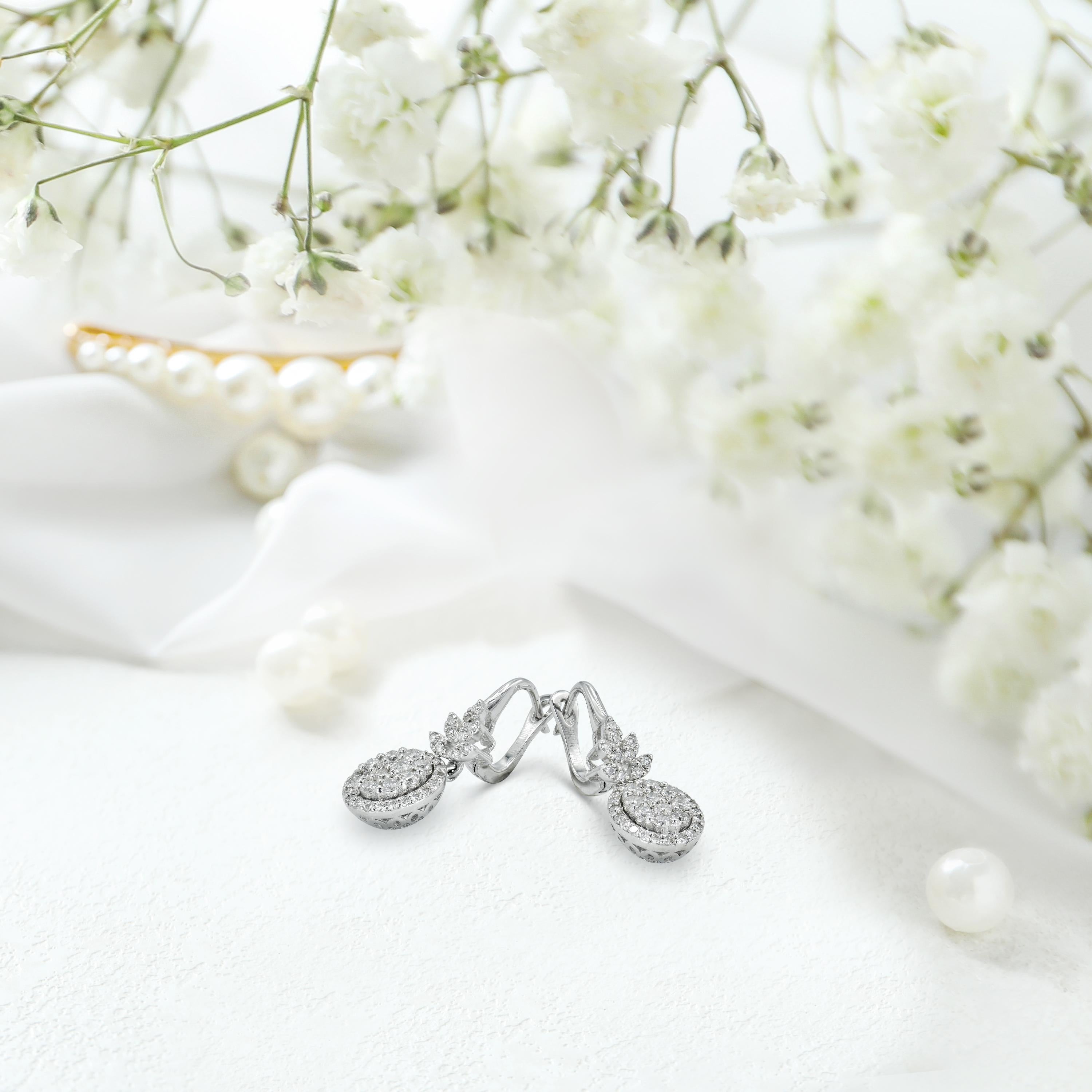 Modern 1.08ct Diamond Flower Drop Earrings 14k Gold For Sale